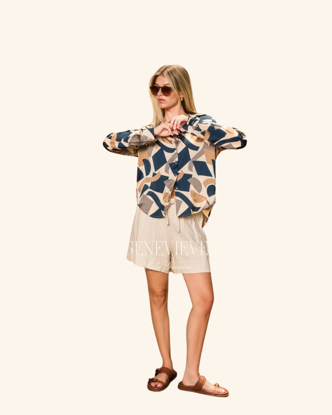Dress Forum Navy Taupe Printed Blouse
