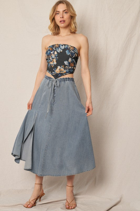 Elastic Waistband Denim Midi Skirt with Side Slit