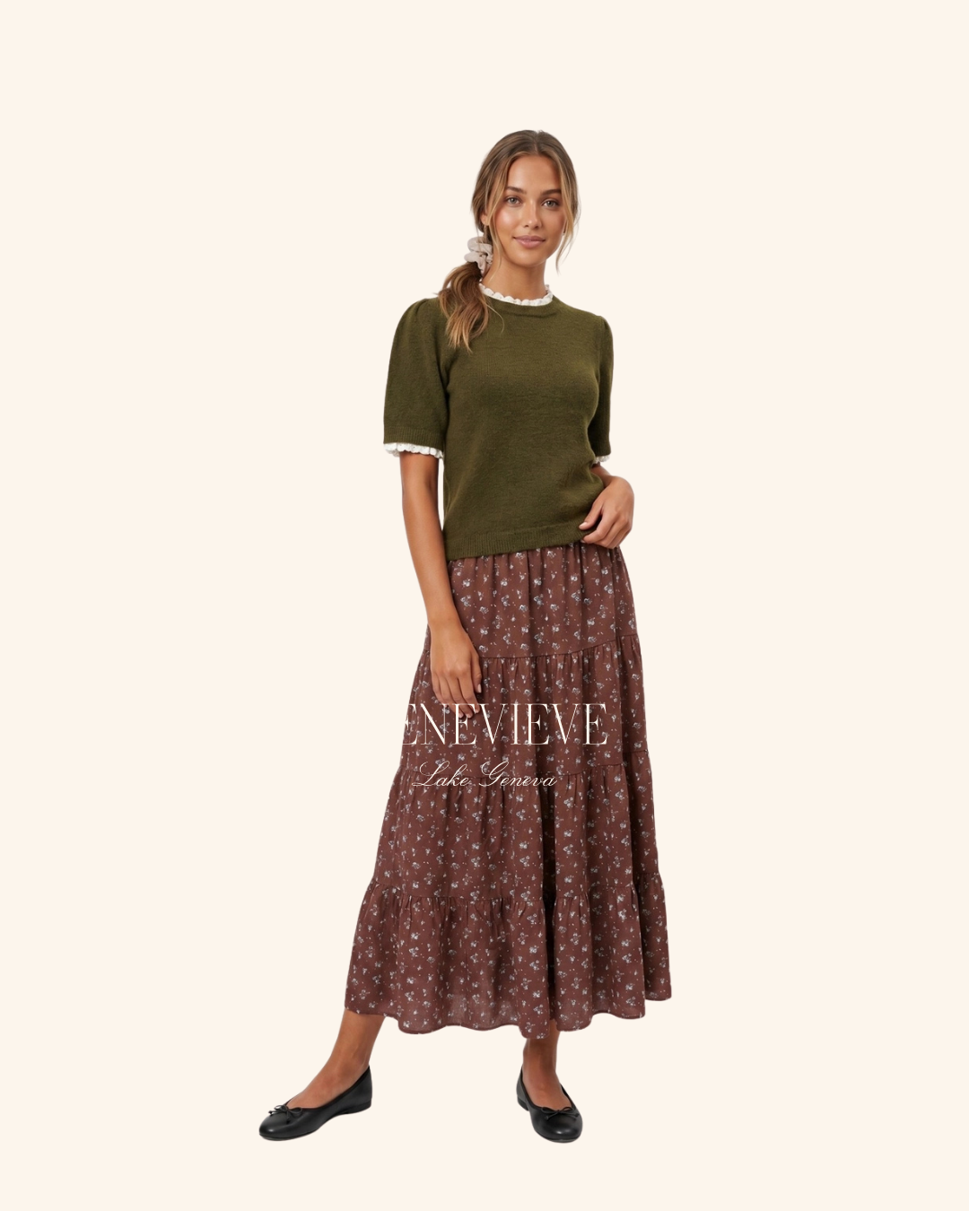 Twenti Olive Scallop Trim Top
