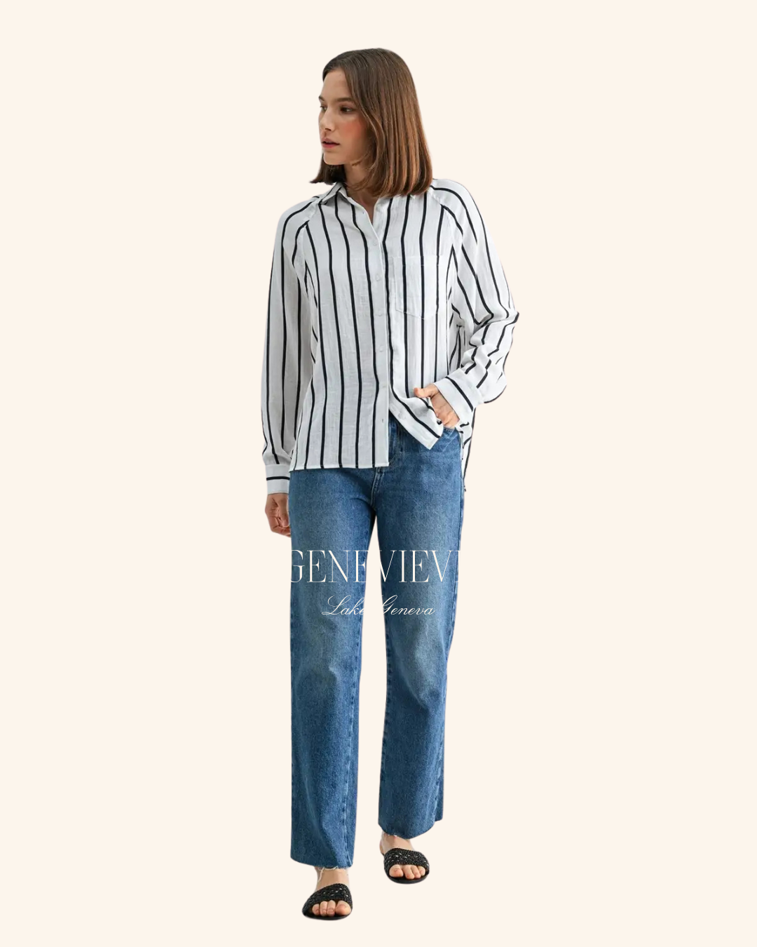 Fun2Fun White Black Stripe Collar Button Down