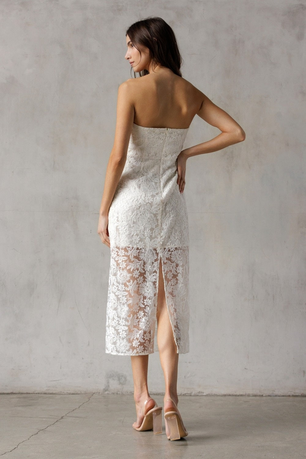 Storia Strapless Lace Midi Dress