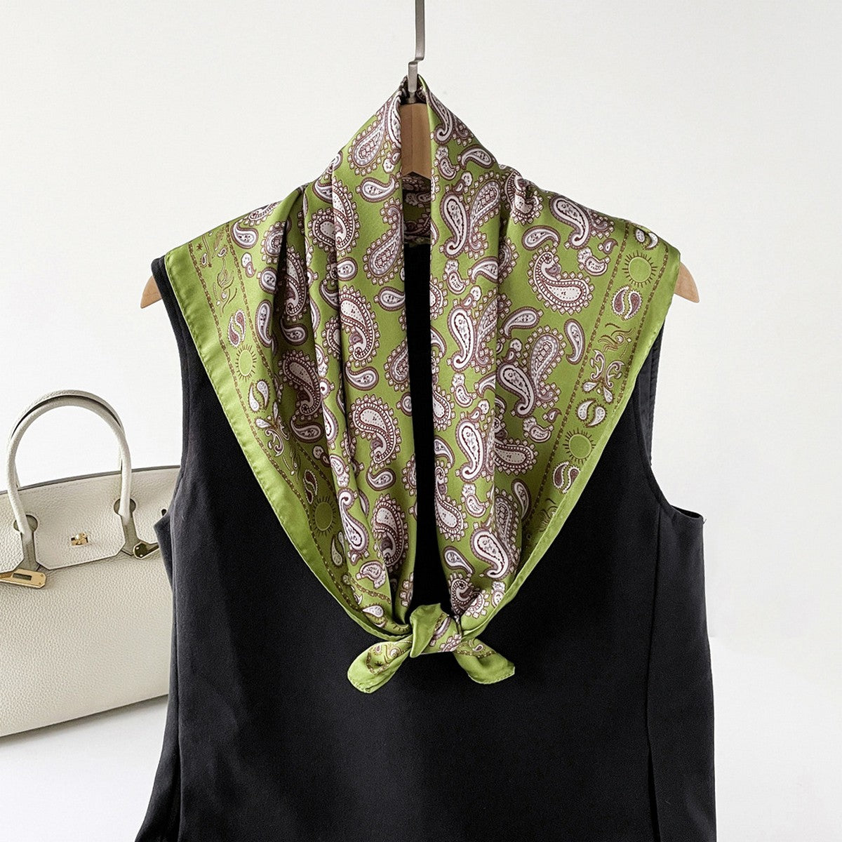 Green Paisley Satin Square Scarf