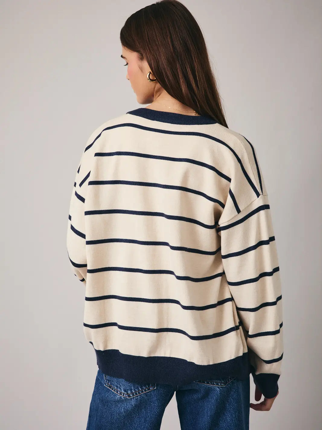 Sunday Edition Round Neck Stripe Button Down Sweater