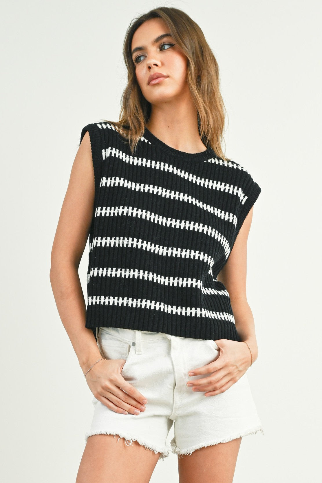 Buttermelon Crew Neck Striped Knit Tank Top