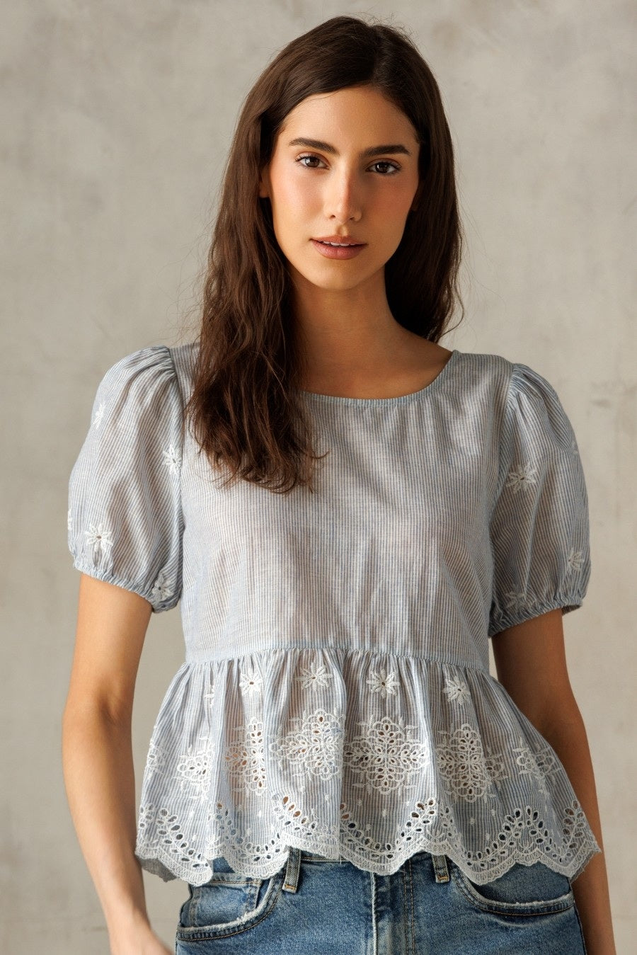 Storia Embroidered Eyelet Peplum Top