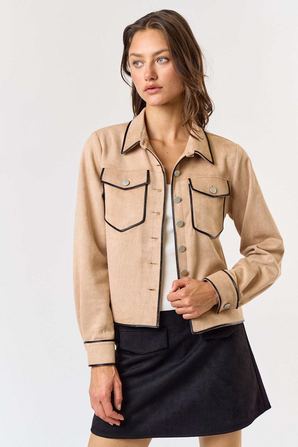 Lalavon Contrast Leather Binding Suede Jacket