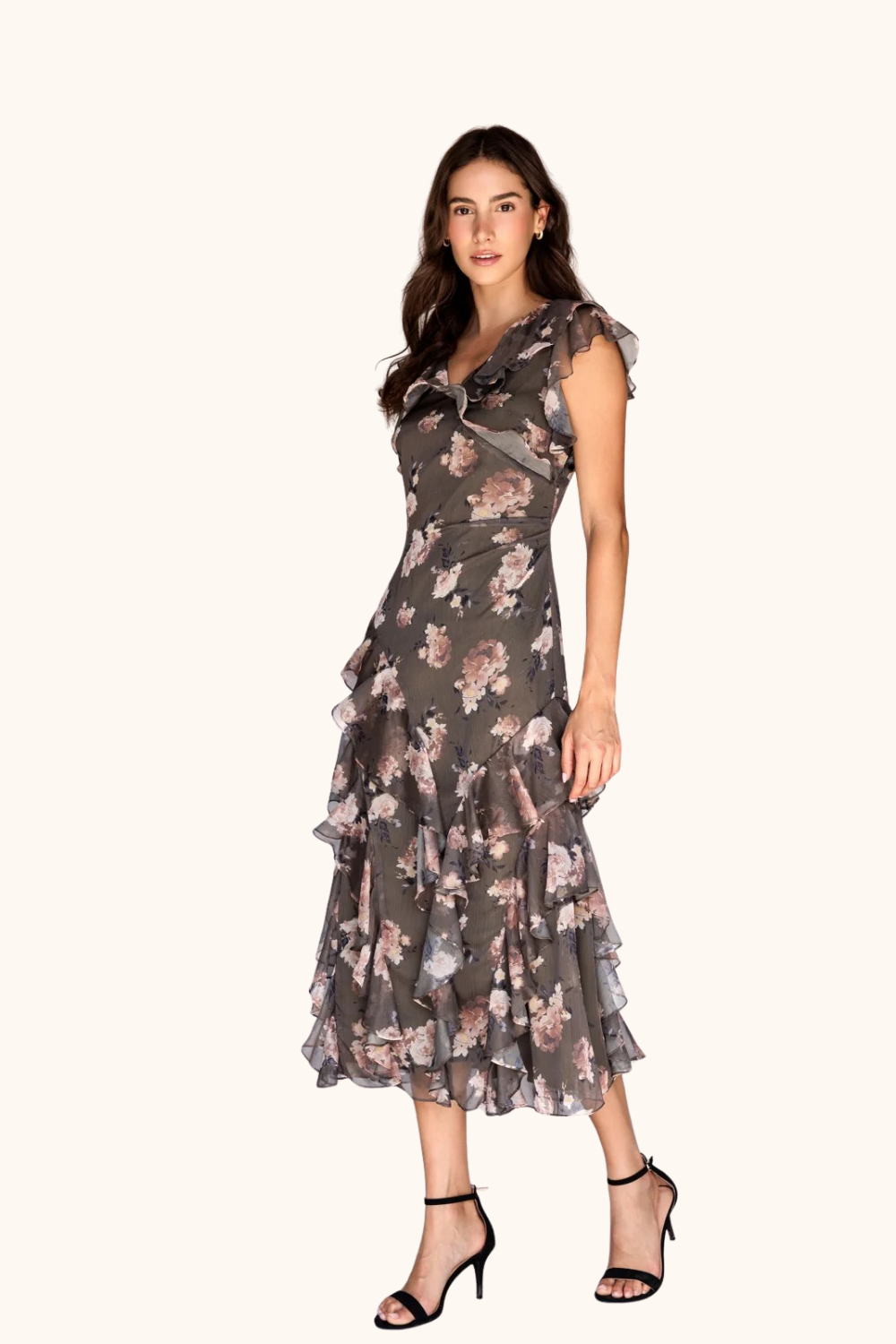 Storia Floral Ruffle Tiered Midi Dress