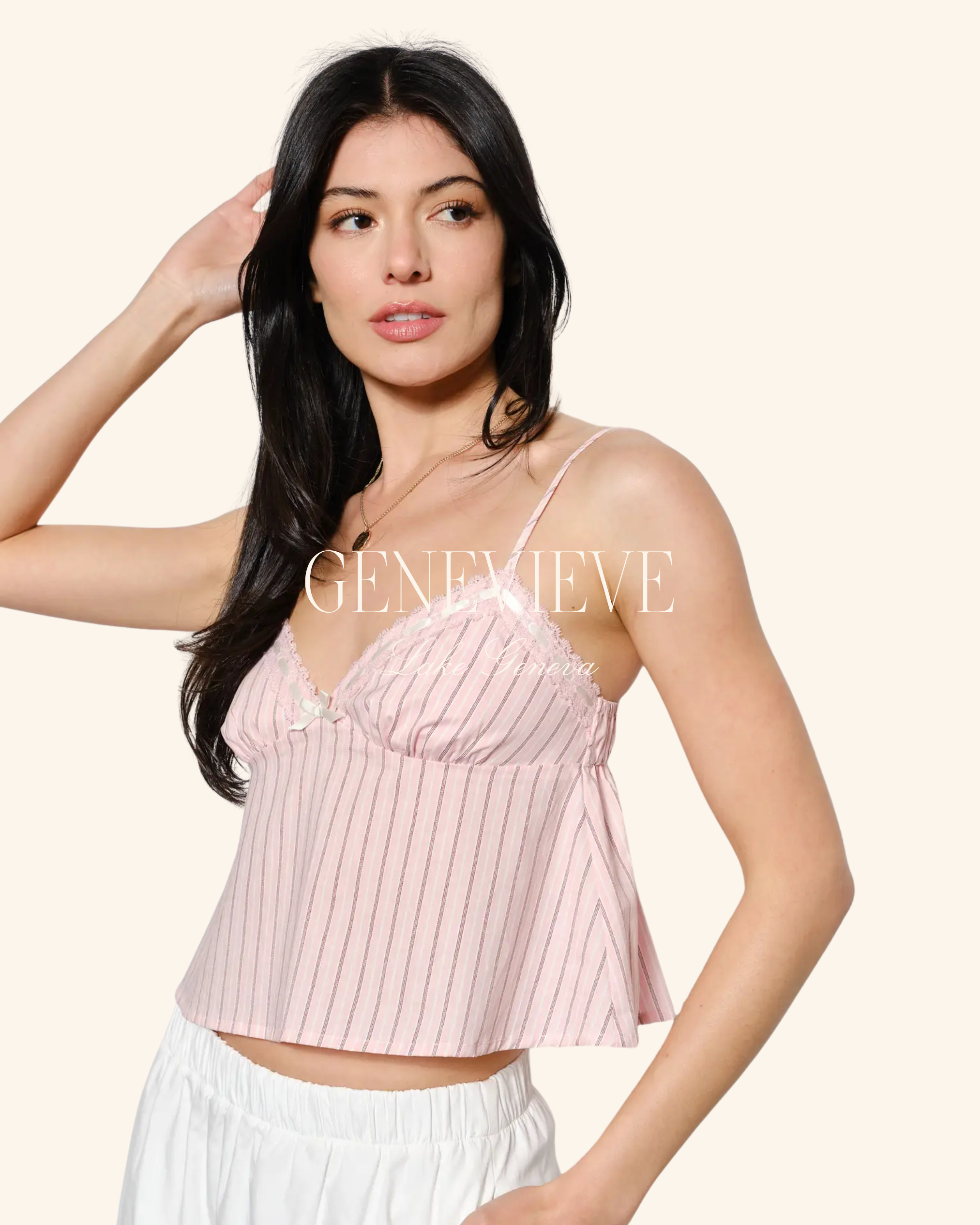 Pretty Garbage Taylor Lace Trim Striped Cami – Pink