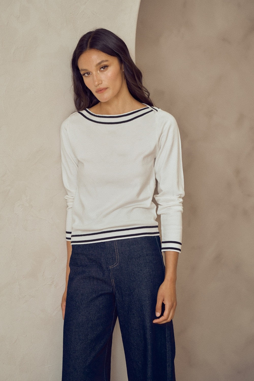 Lalavon Boat Neck Stripe Detail Sweater Top