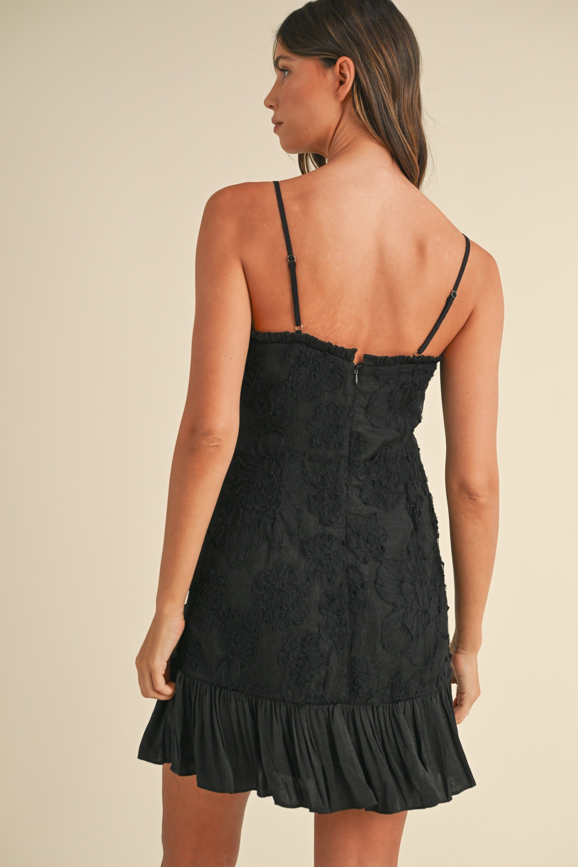 Mable Textured Floral Applique Tiered Hem Mini Dress