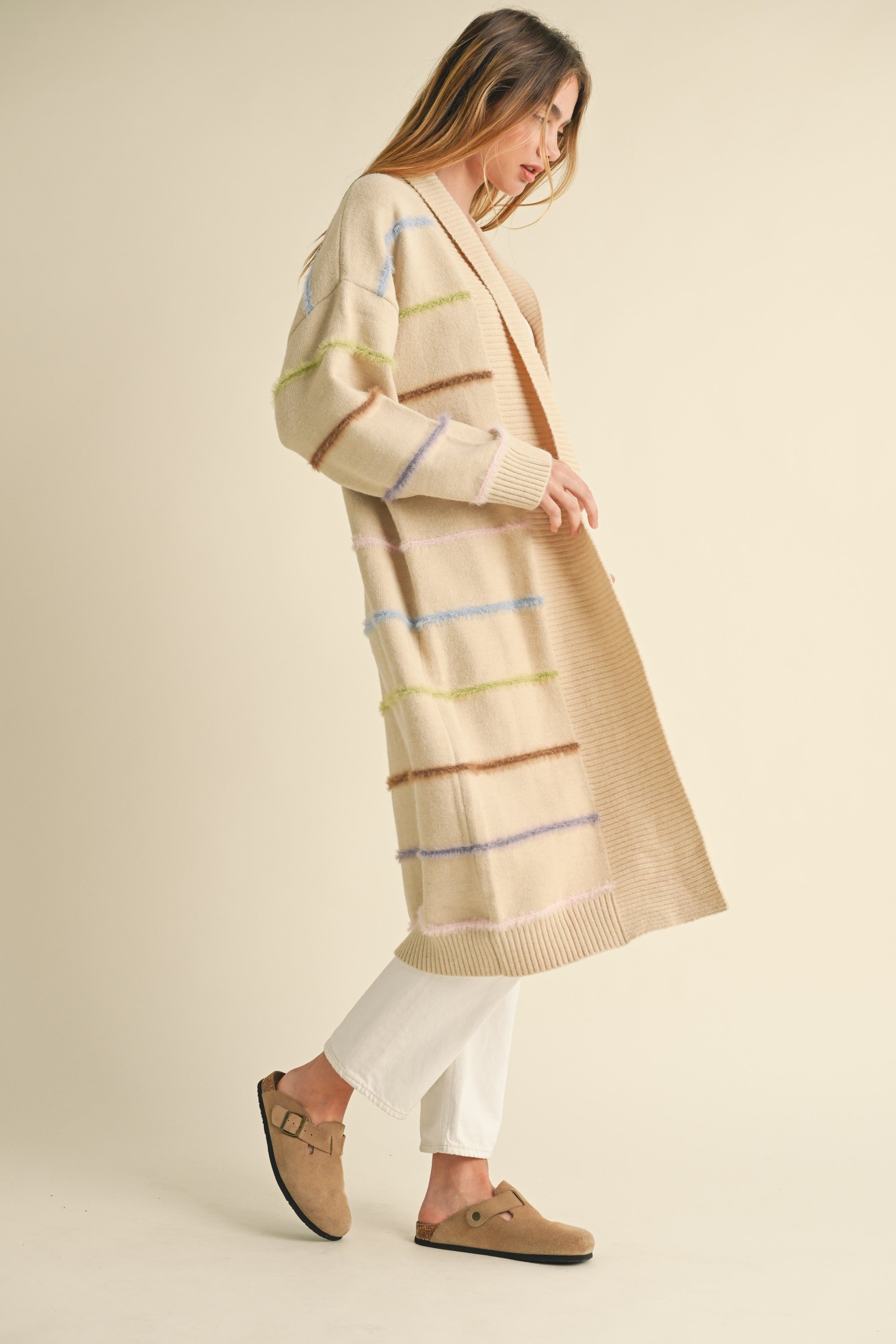 Mable Multi Color Stripe Open Long Midi Cardigan