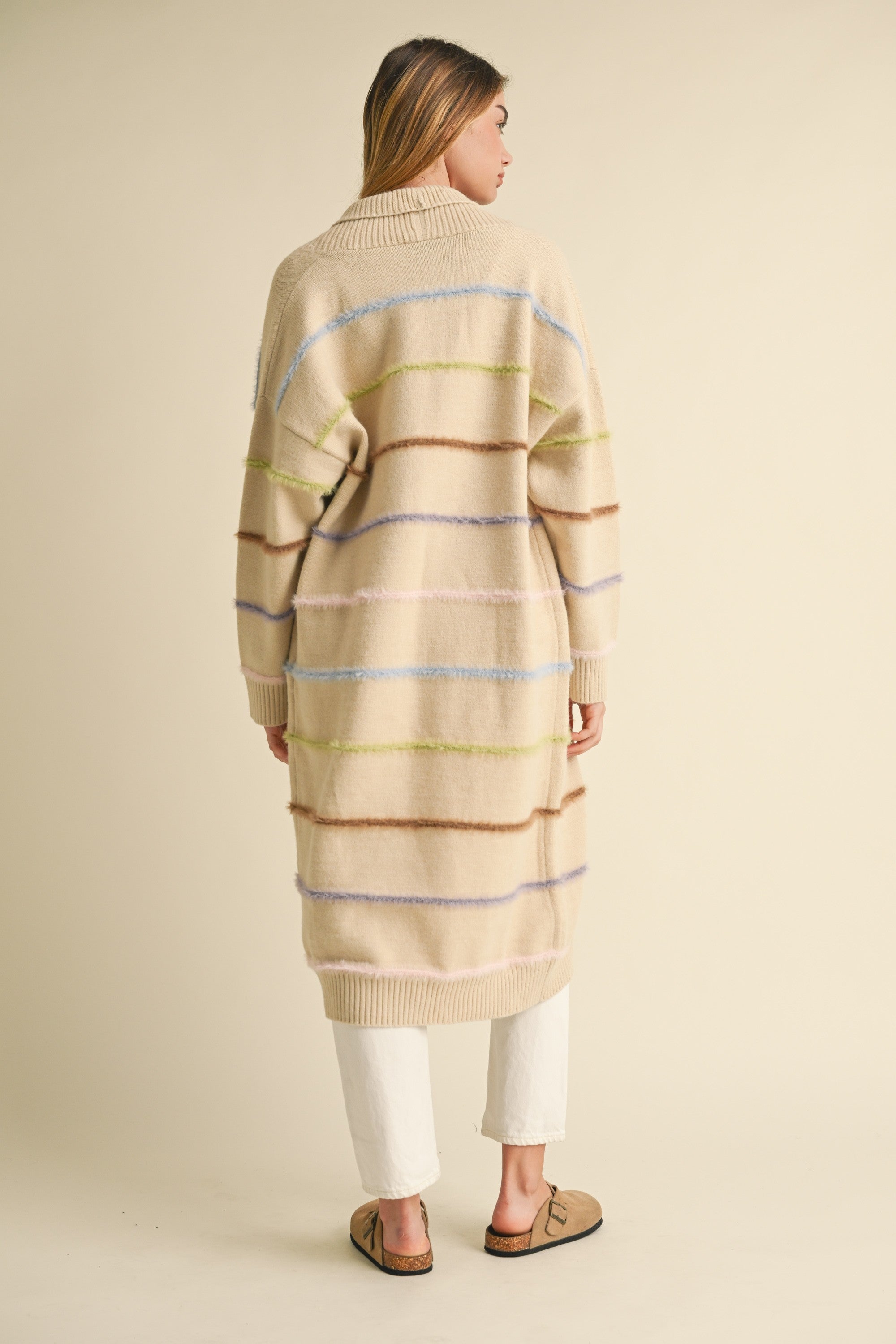 Mable Multi Color Stripe Open Long Midi Cardigan