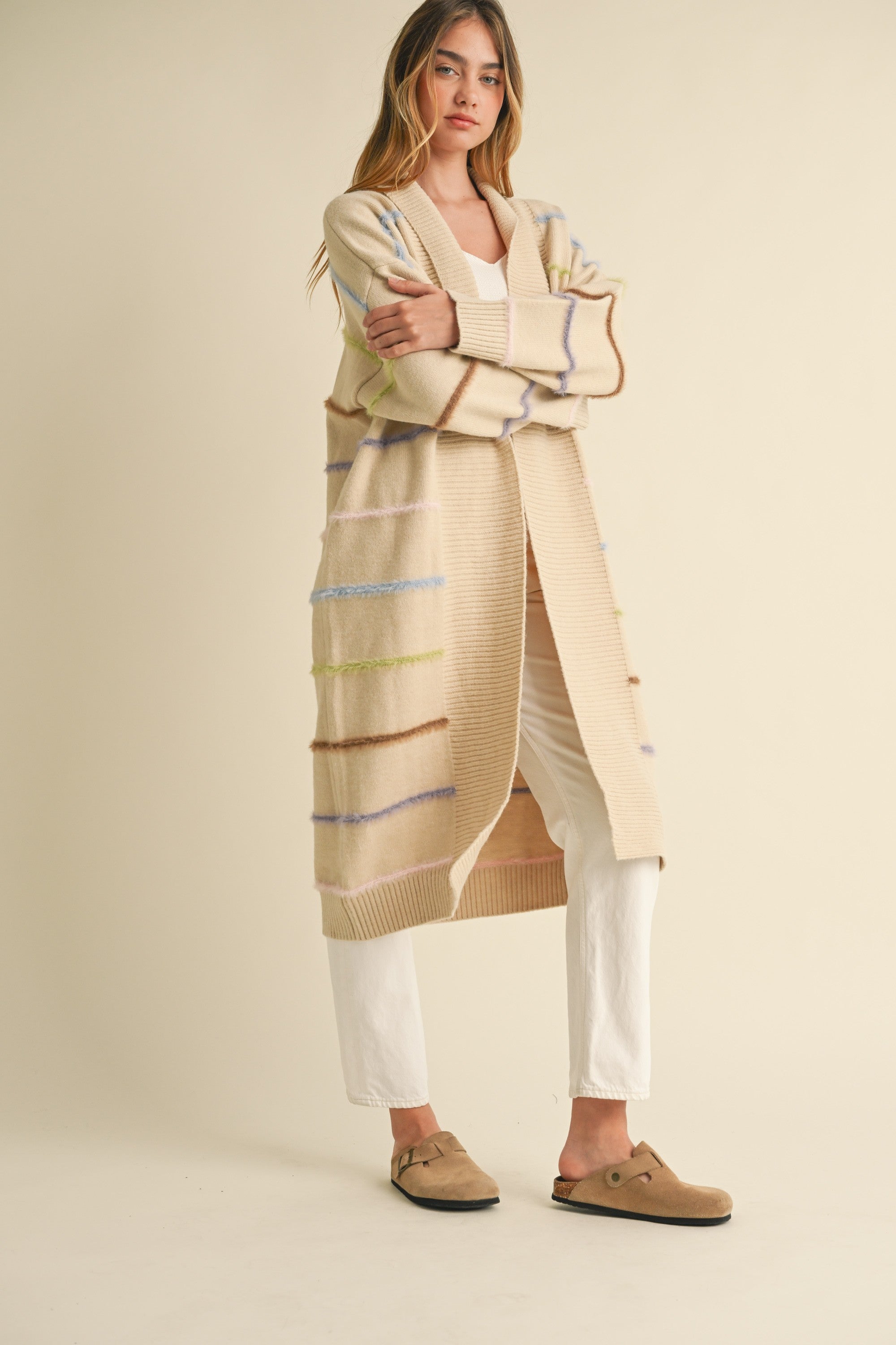 Mable Multi Color Stripe Open Long Midi Cardigan