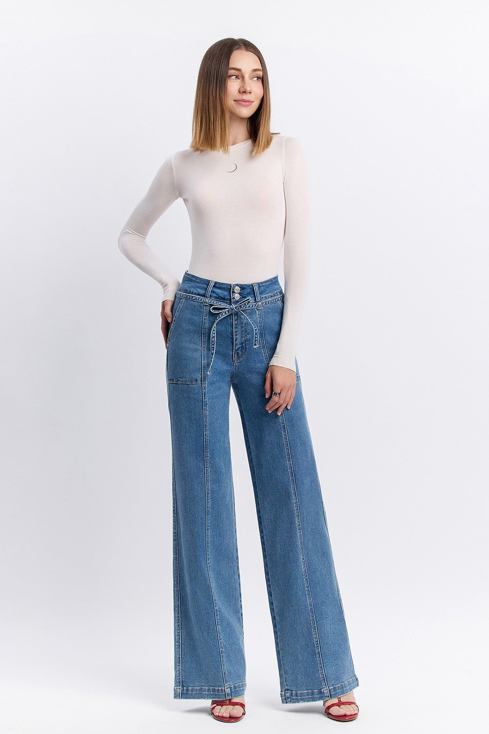 Vervet Super High Rise Tie Waistband Wide Leg Jeans