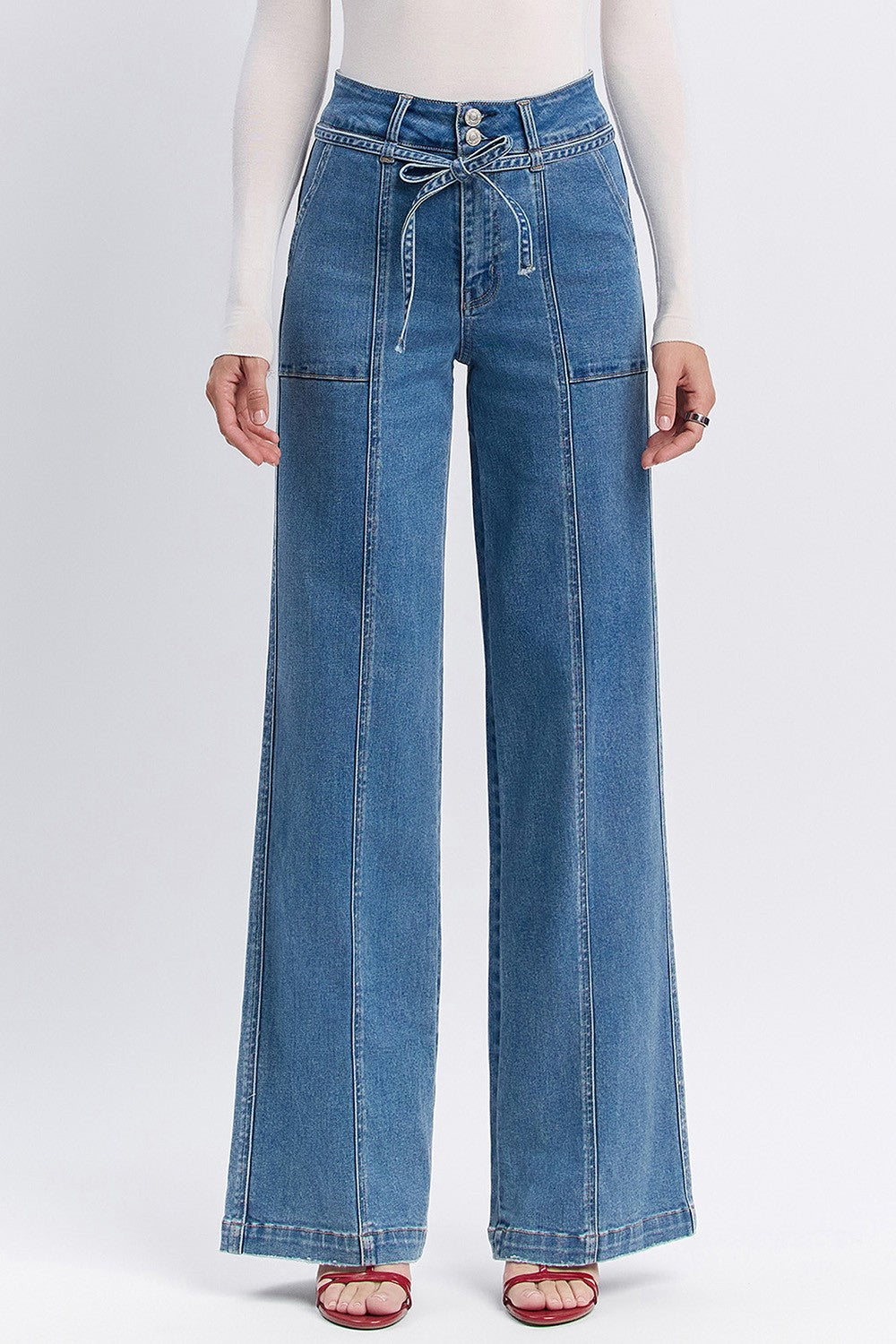 Vervet Super High Rise Tie Waistband Wide Leg Jeans
