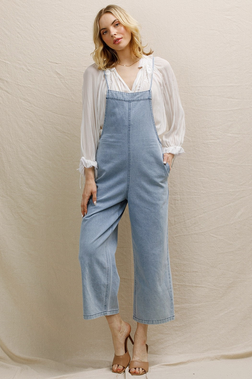 EN CREME Spaghetti Strap Denim Jumpsuit