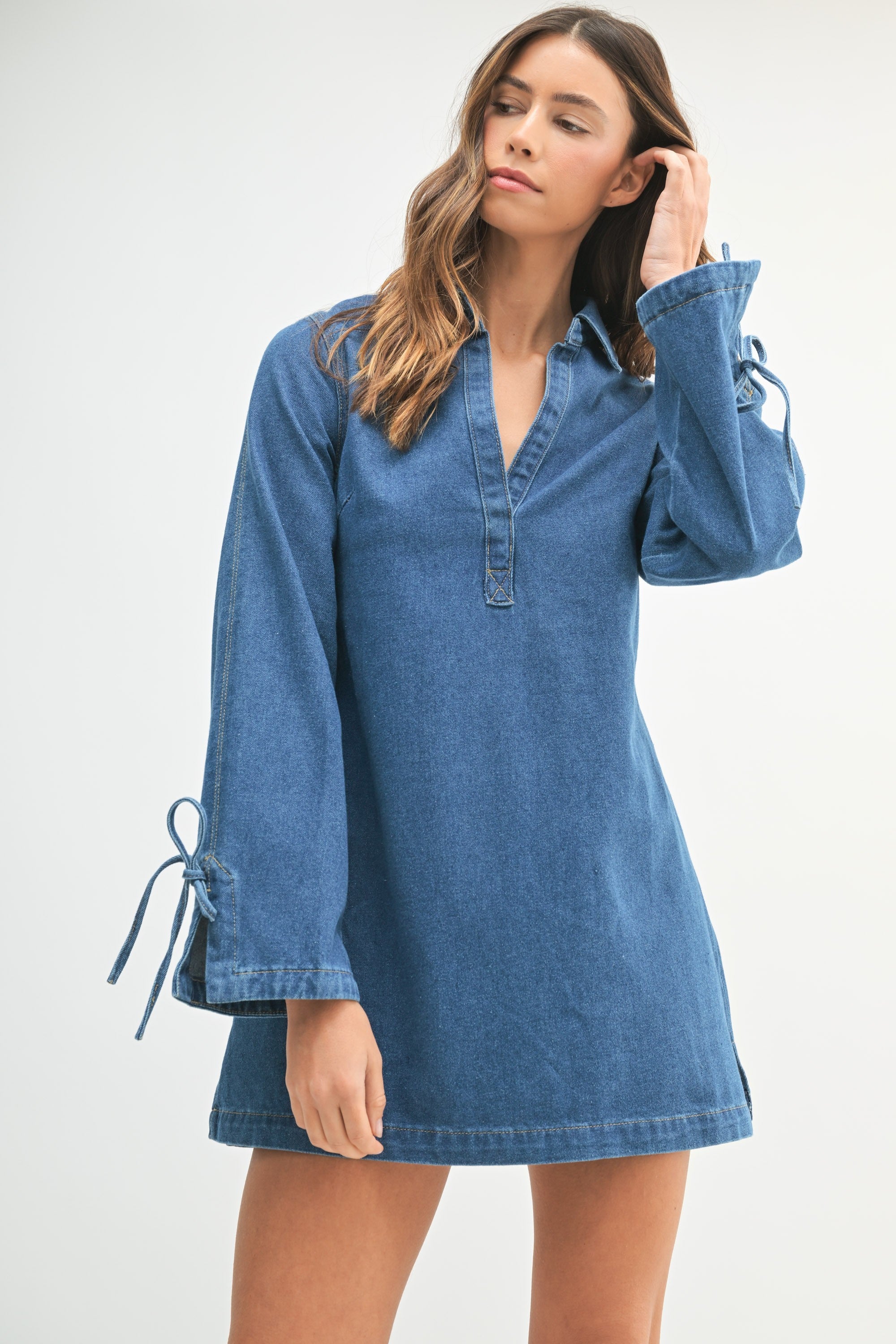 Mable Denim Shirt Collar V Neck Mini Dress