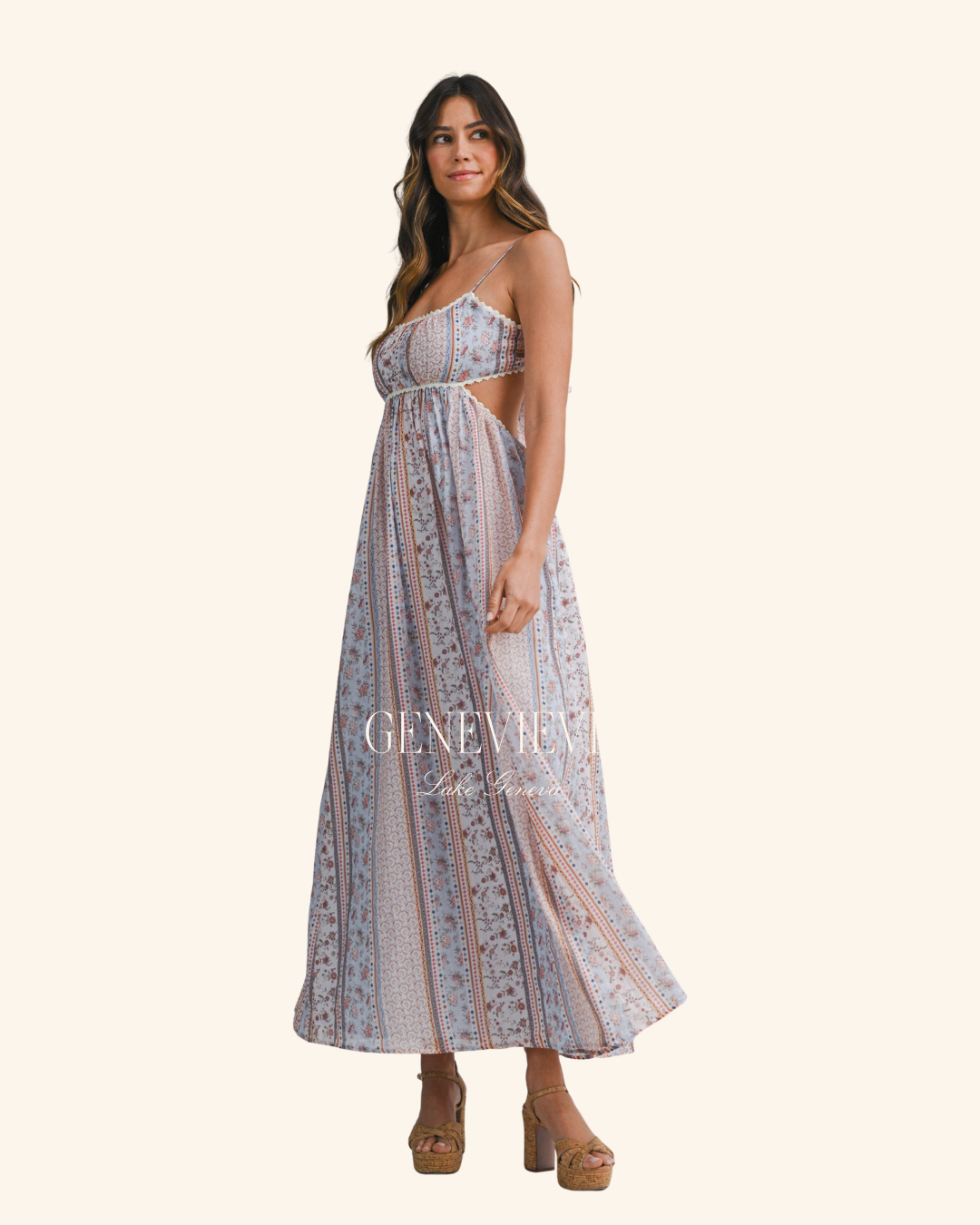 Mable Blue Floral Striped Maxi Dress