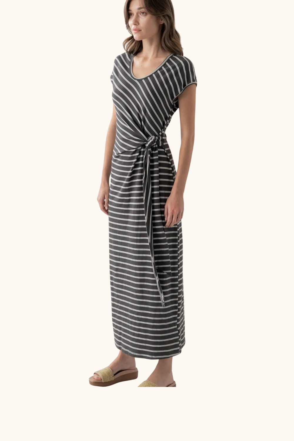 Elle Grey Striped Short Sleeve Wrap Midi Dress