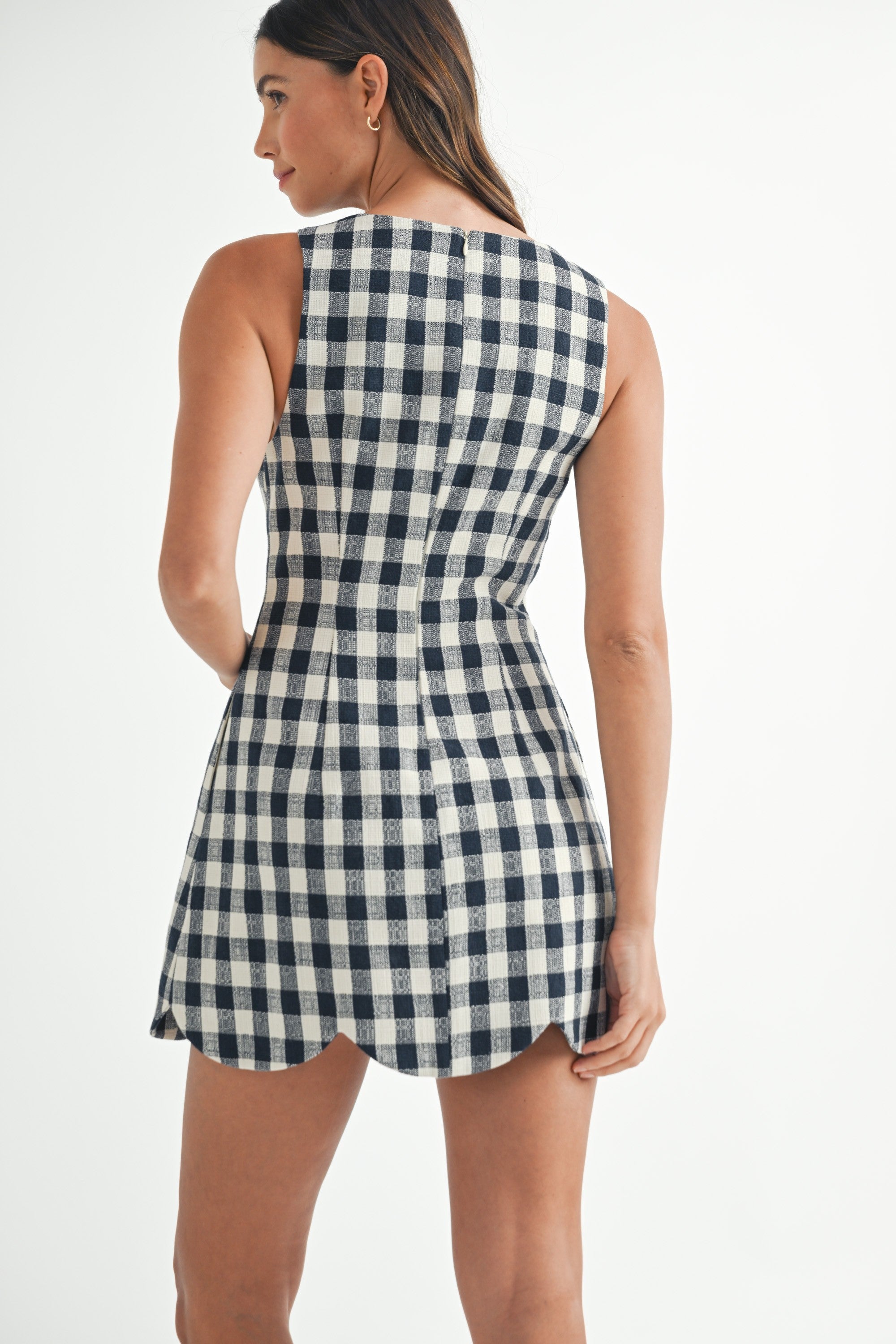 Mable Textured Plaid Scallop Hem Mini Dress