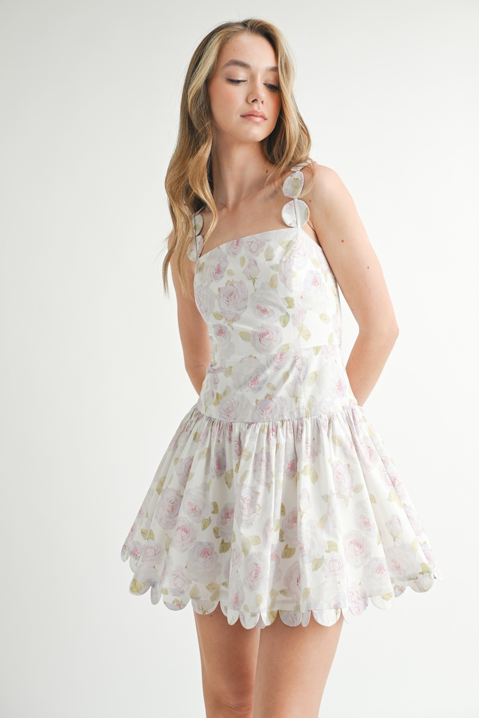 Mable Floral Print Poplin Scallop Hem Mini Dress