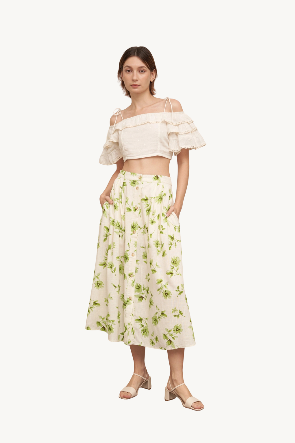 En Crème Ivory and Green Floral Midi Skirt