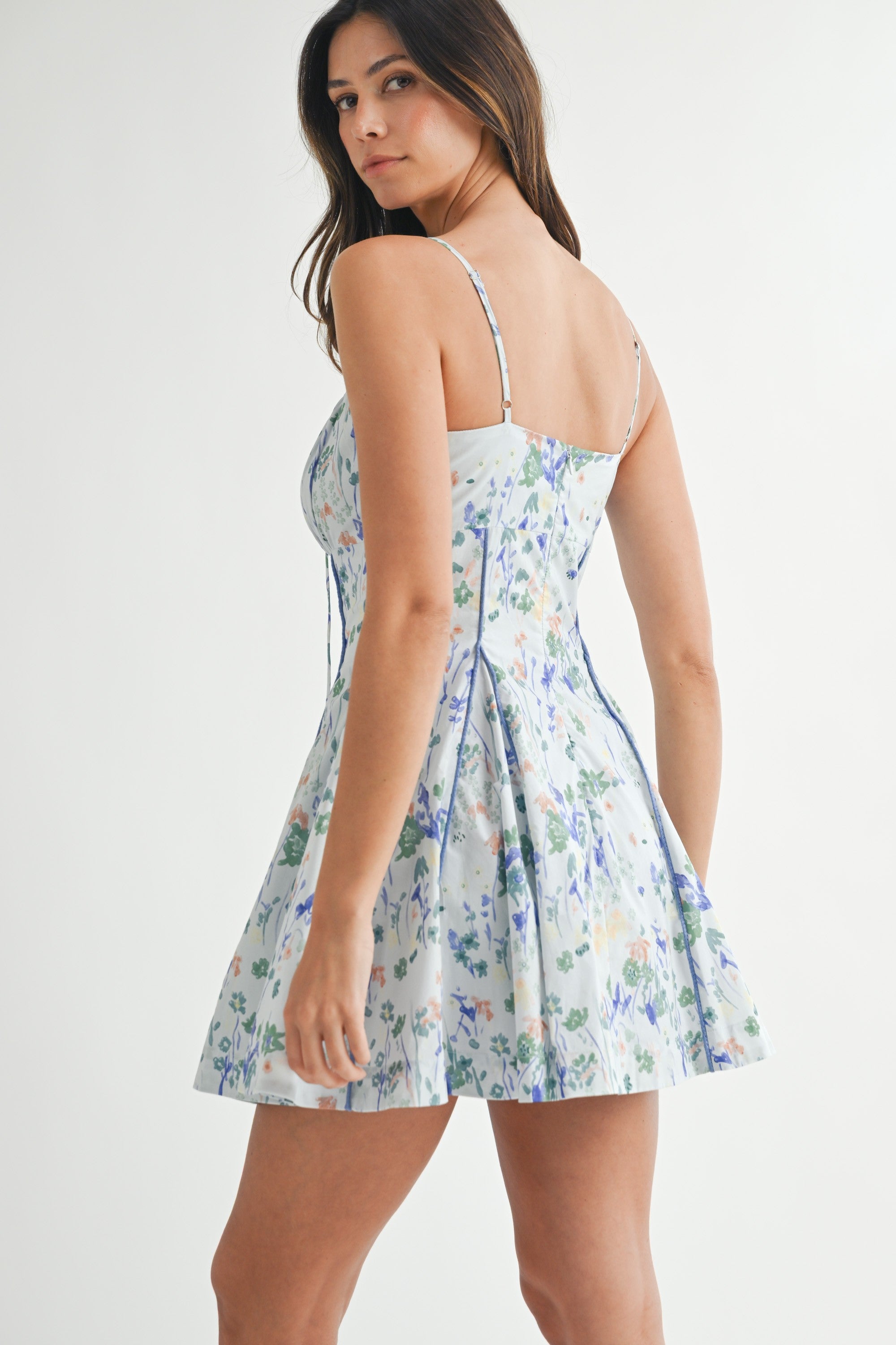 Mable Floral Print Contrast Piping Mini Dress