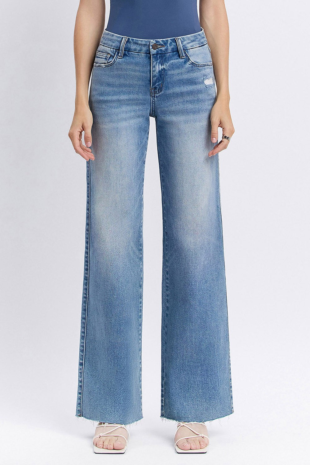 Vervet Mid Rise Clean Cut Raw Hem Wide Jeans