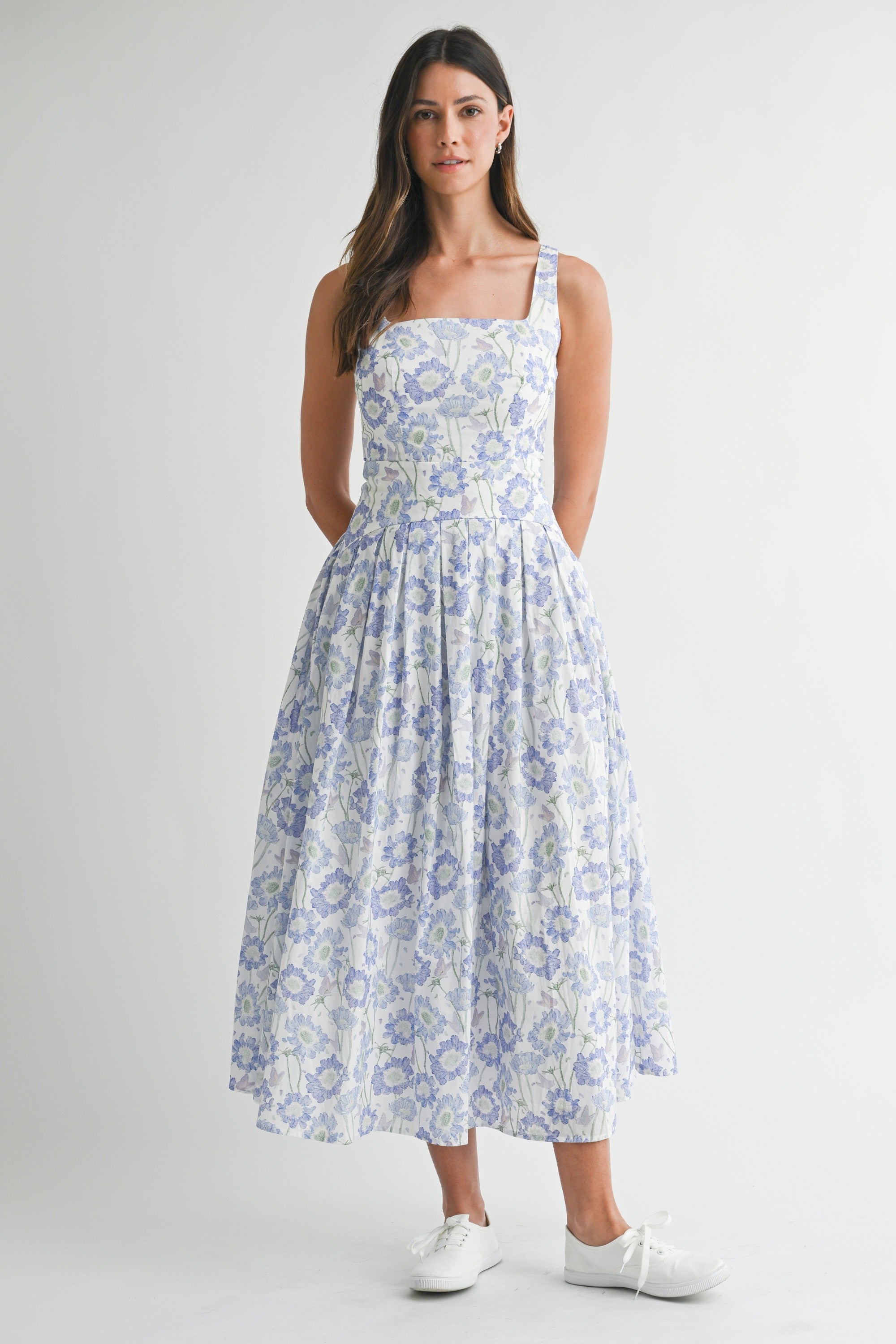 Mable Floral Print Square Neckline Midi Dress