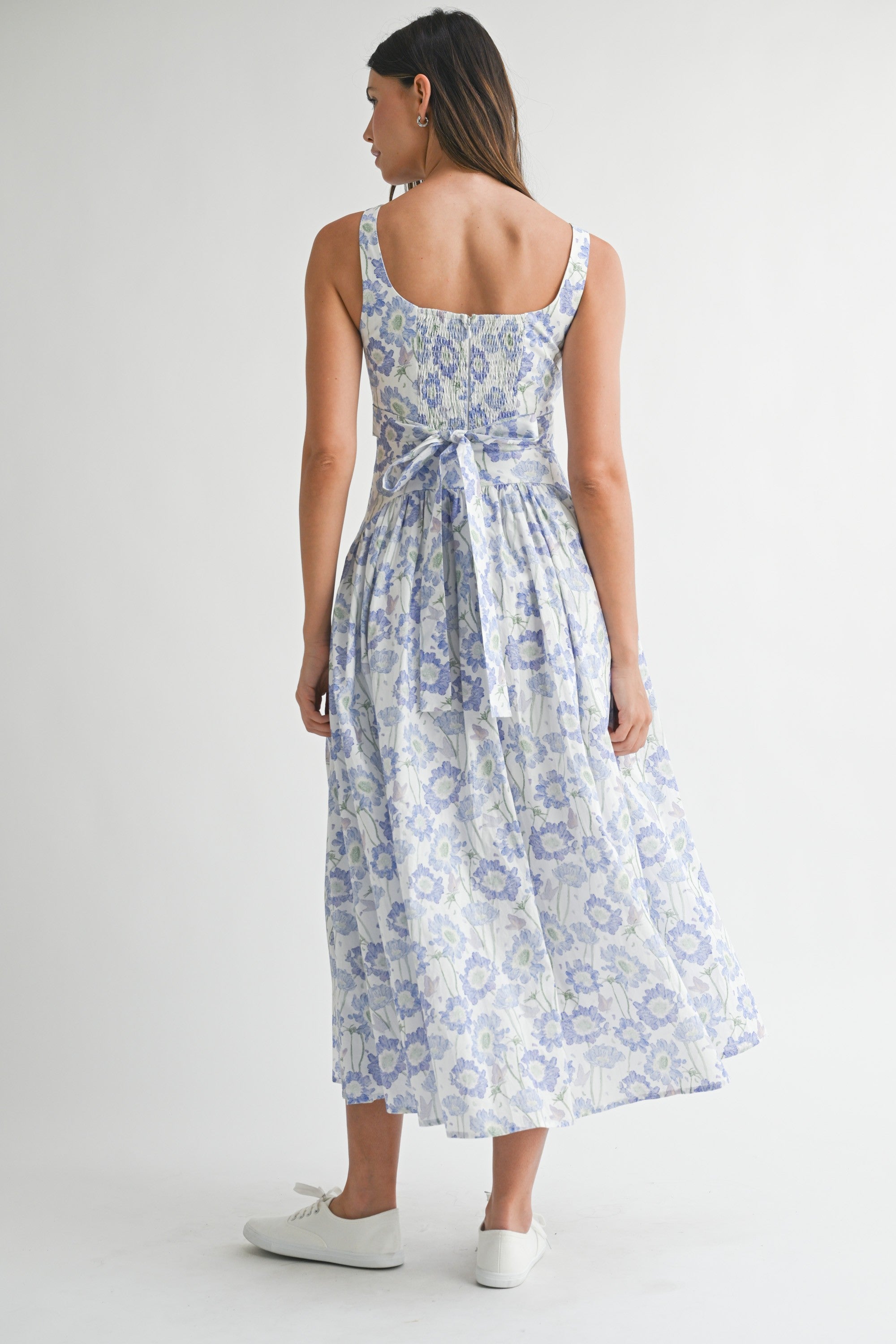 Mable Floral Print Square Neckline Midi Dress