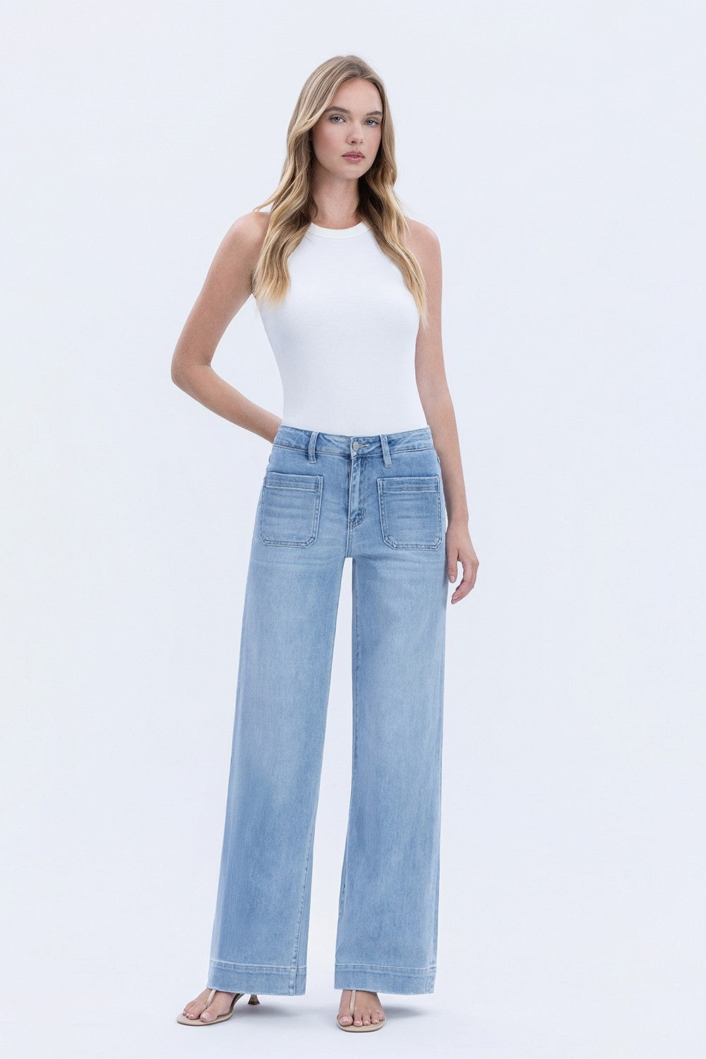 Vervet High Rise Light Wash Trouser Hem Wide Jeans