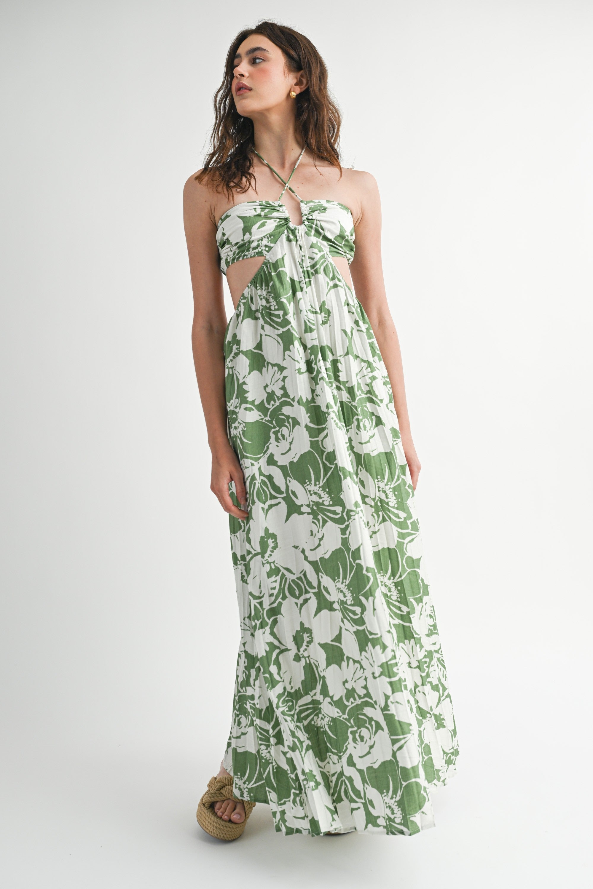 Mable Floral Print Halter Neck Cutout Midi Dress