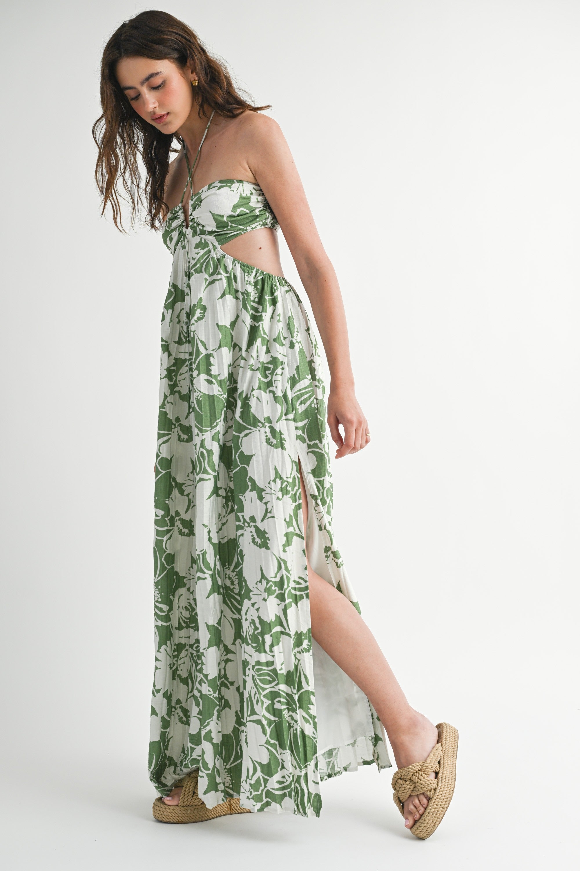 Mable Floral Print Halter Neck Cutout Midi Dress