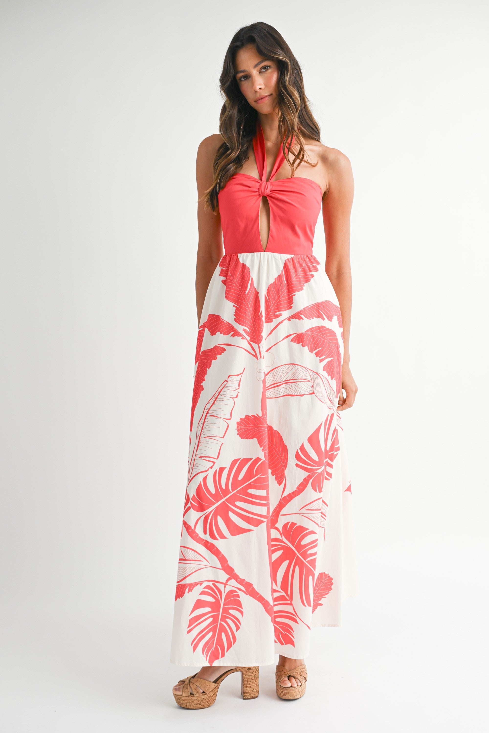 Mable Tropical Print Front Twisted Cut Out Maxi Dress