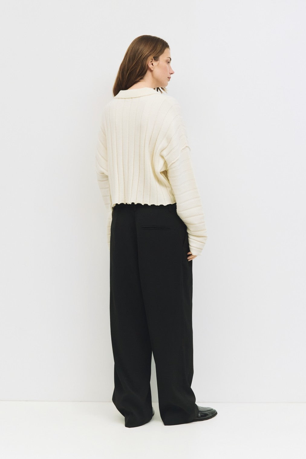 All Row Cropped Ribbed Knit Polo Sweater