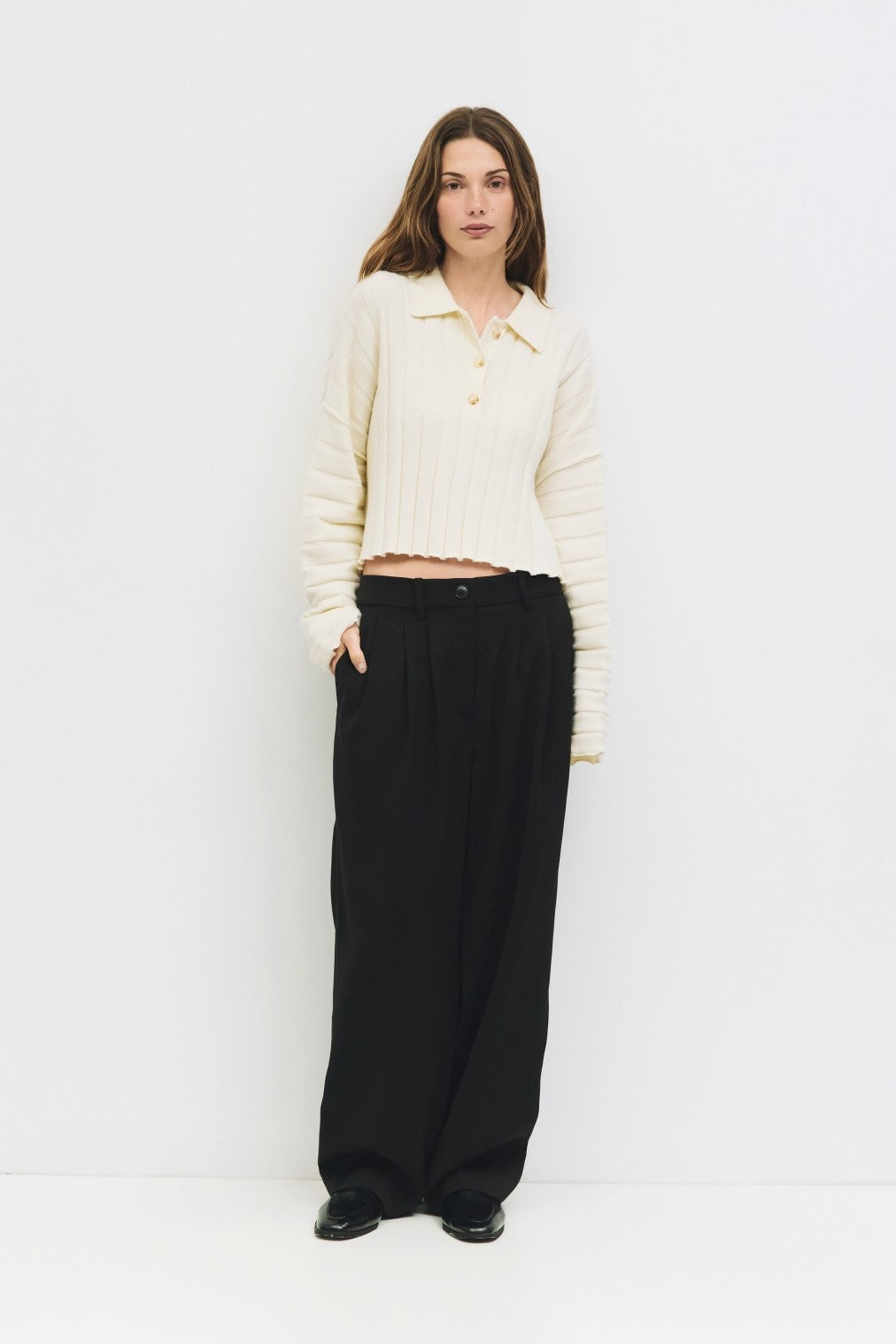 All Row Cropped Ribbed Knit Polo Sweater