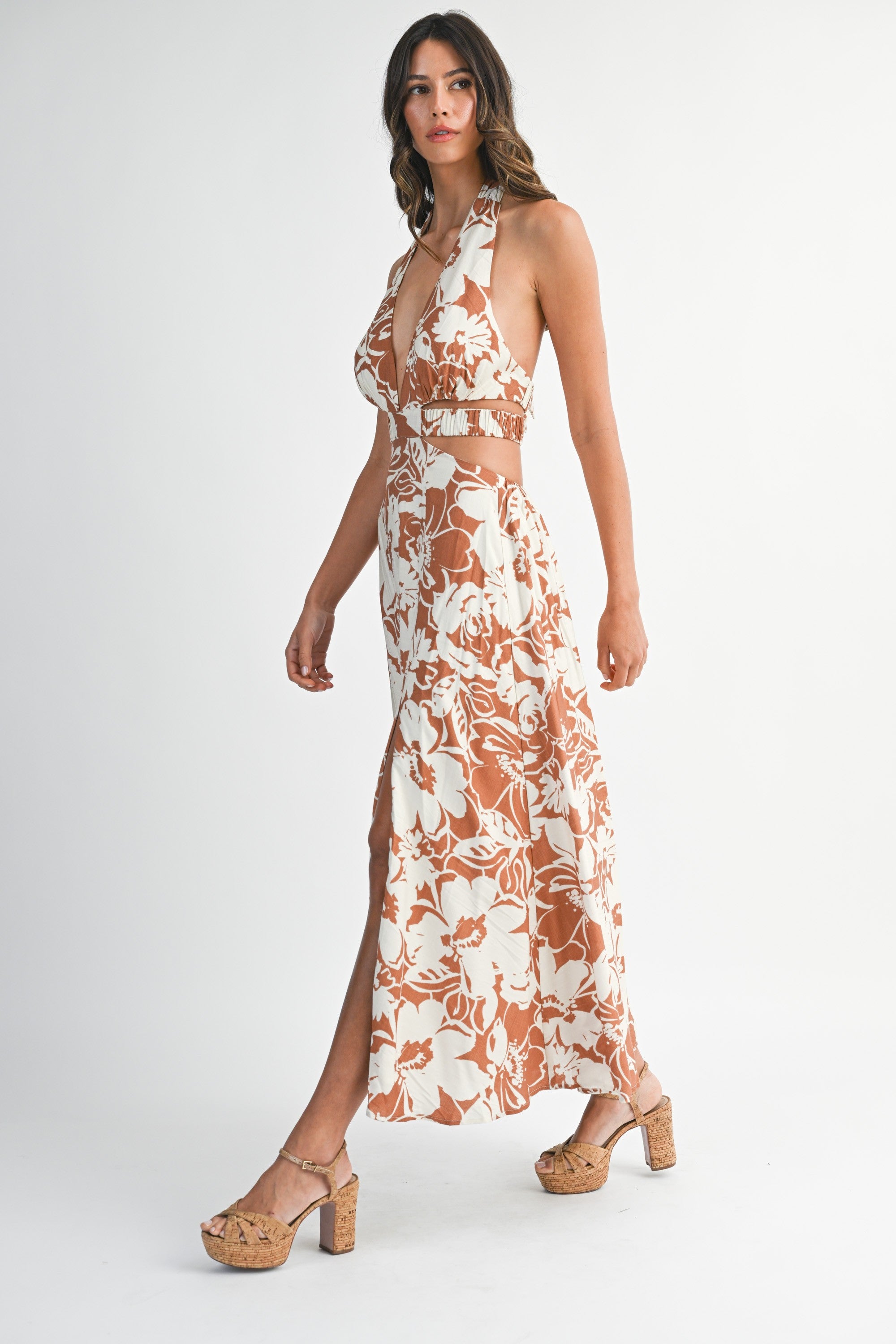 Mable Floral Print Halter Cut Out Dress