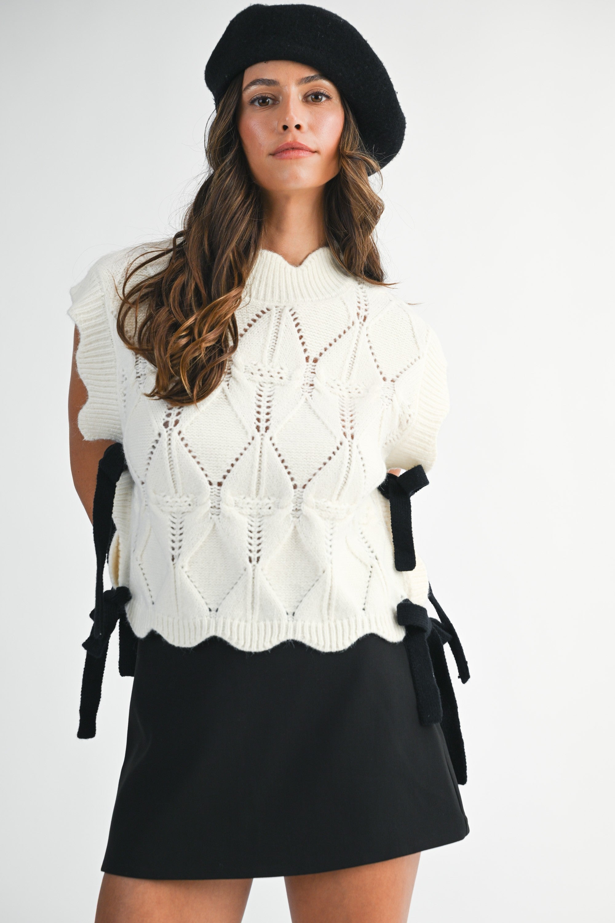 Mable Cable Knit Scallop Vest with Side Bow
