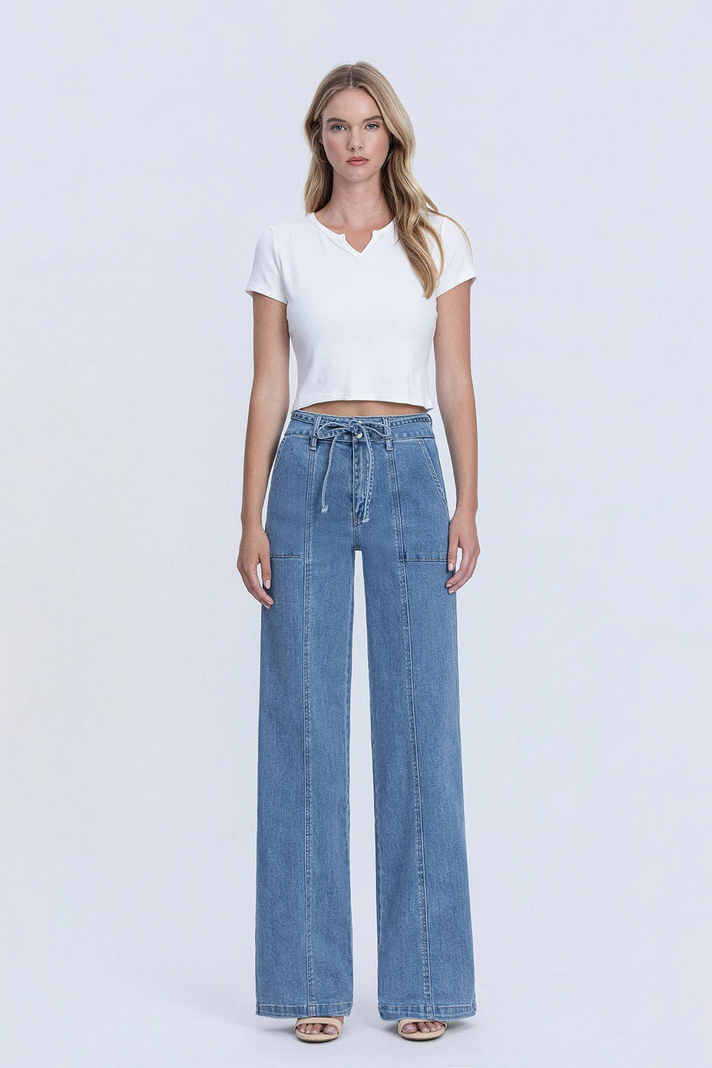 Super High Rise Tie Waistband Wide Leg Jeans