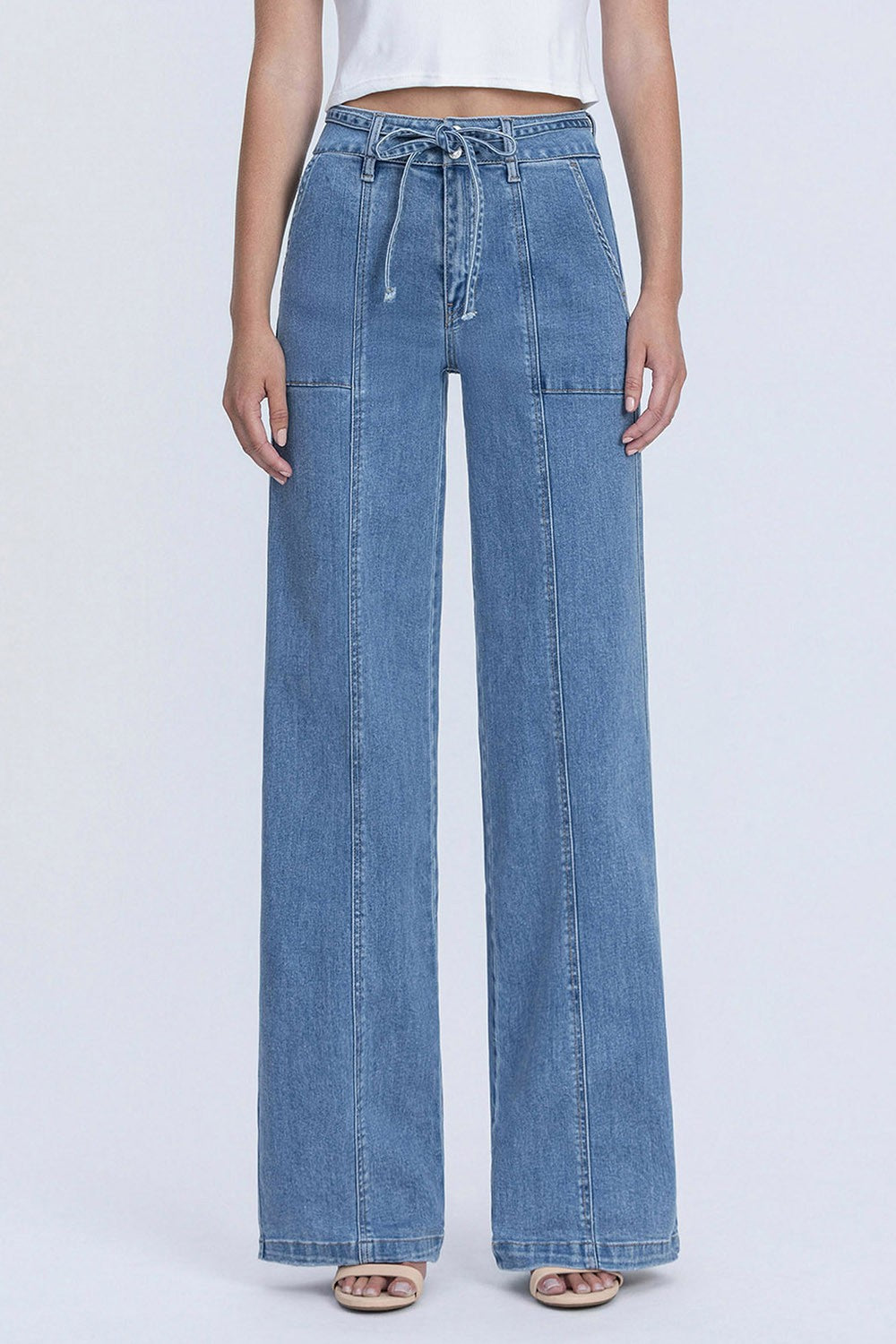 Super High Rise Tie Waistband Wide Leg Jeans