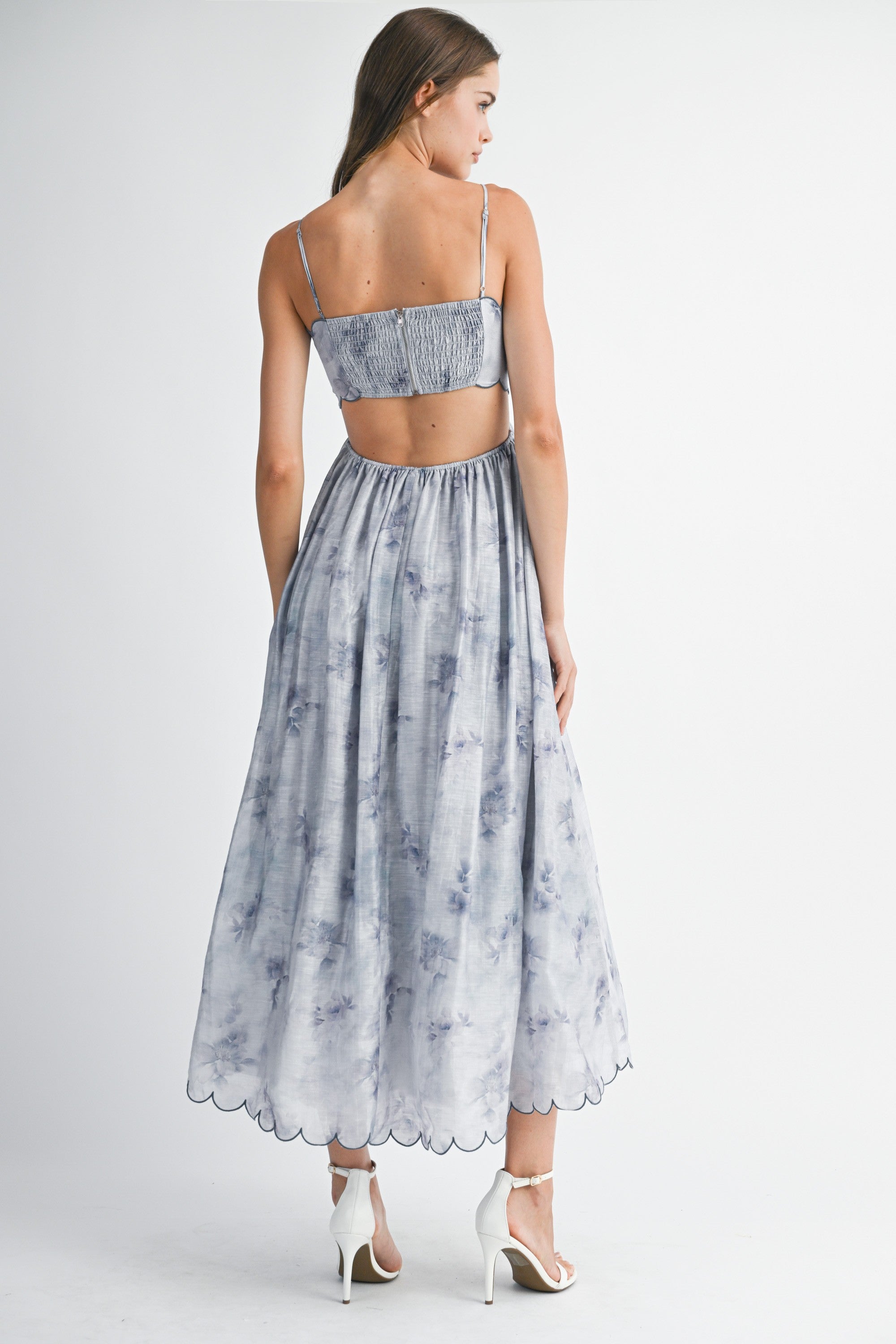 Mable Floral Print Scallop Edge Midi Dress