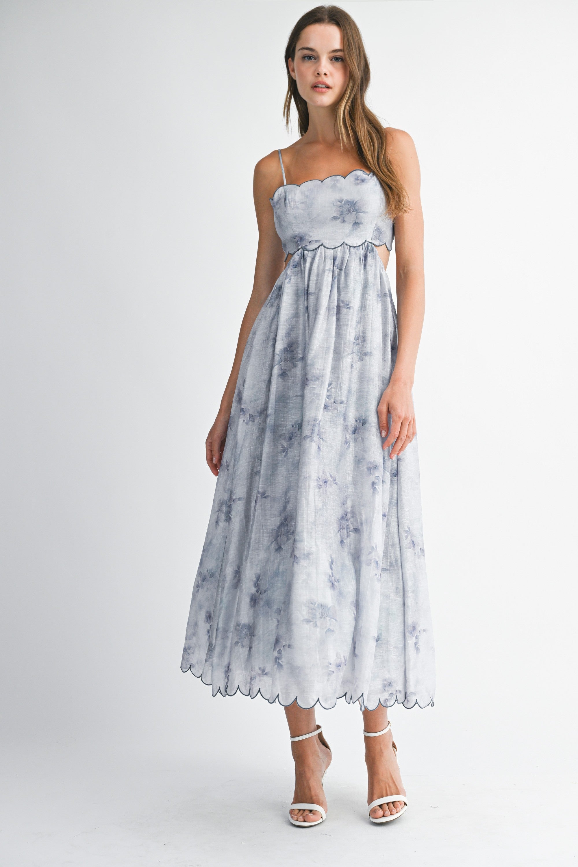 Mable Floral Print Scallop Edge Midi Dress