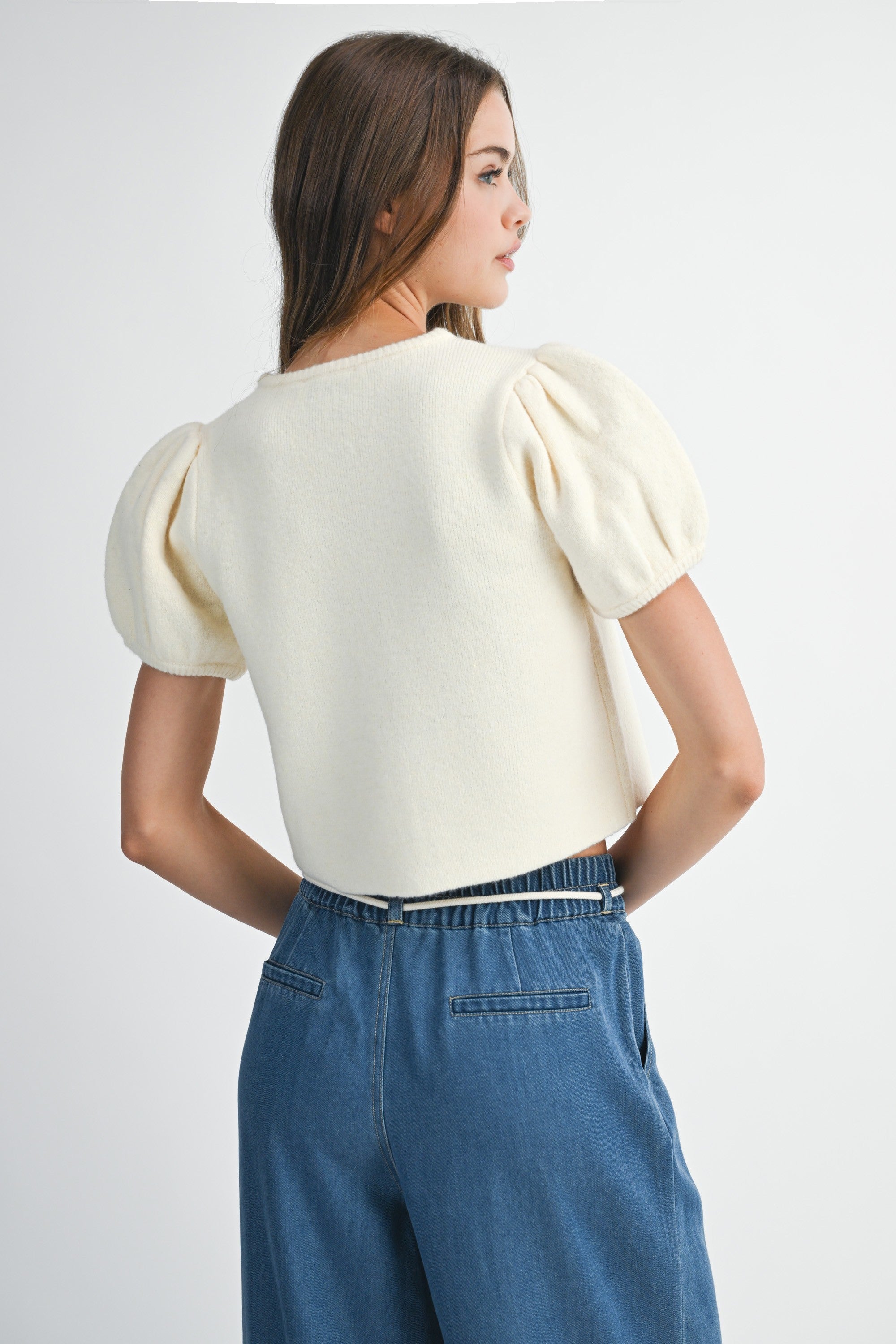 Mable Cream Puff Short Sleeve Button Down Knit Top