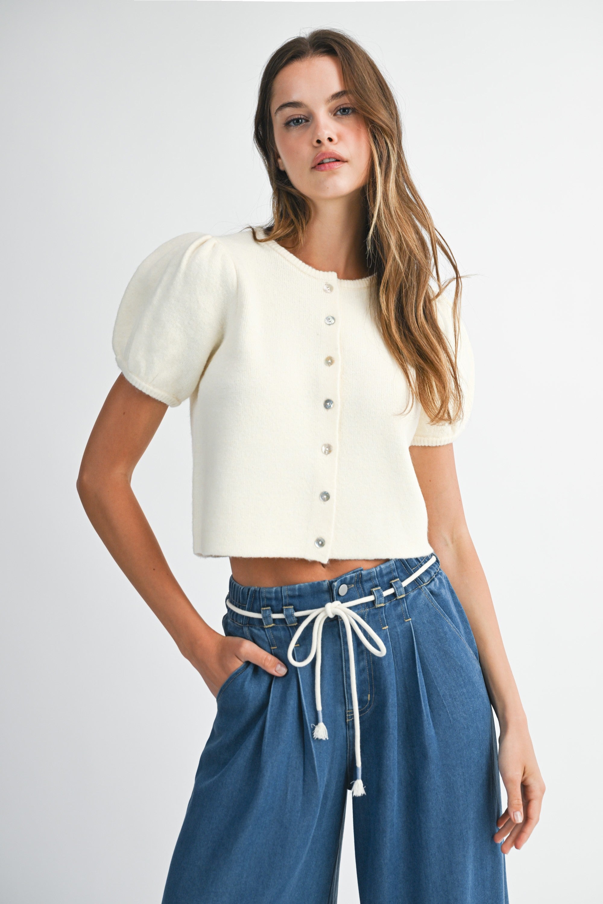 Mable Cream Puff Short Sleeve Button Down Knit Top