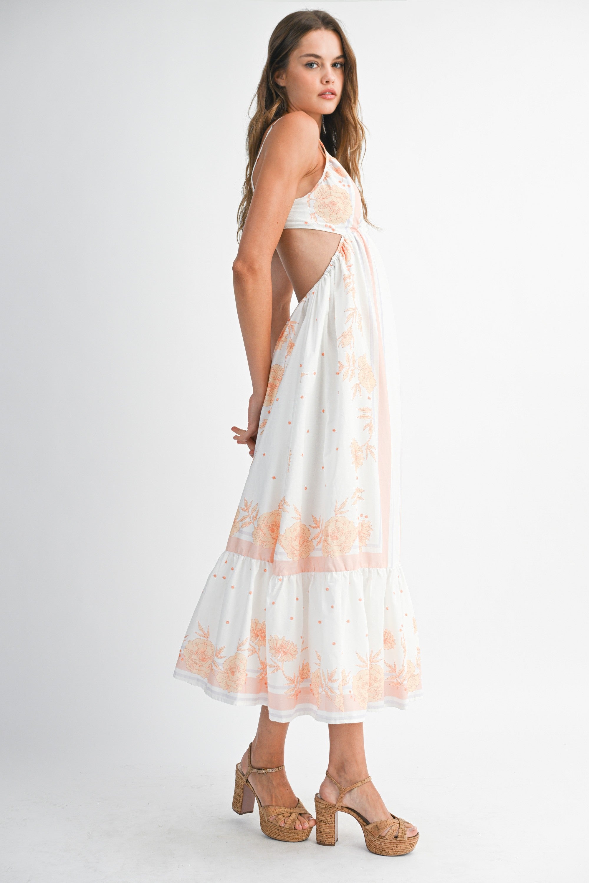 Mable Floral Contrast Border Print Cut Out Midi Dress