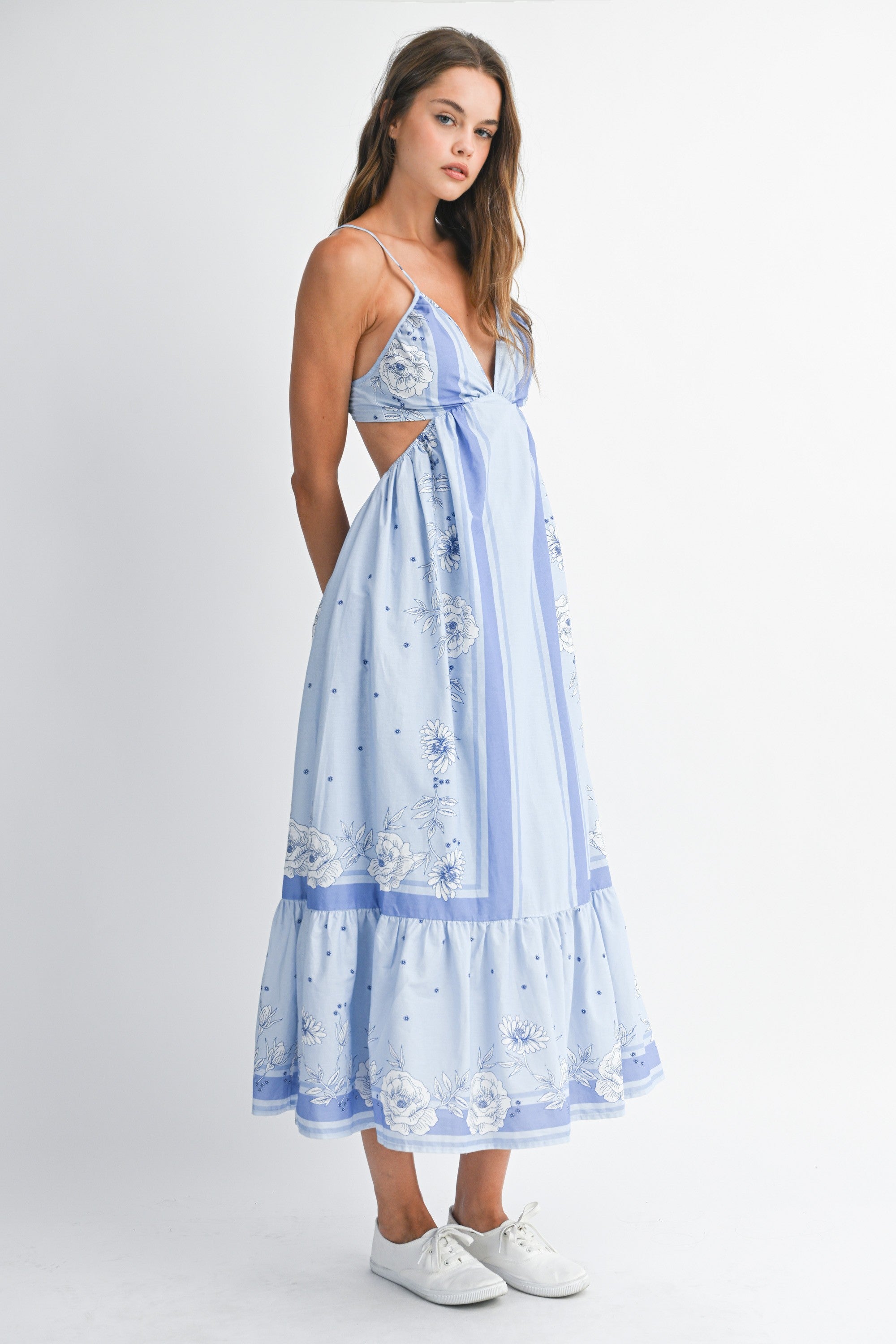 Mable Floral Contrast Border Print Cut Out Midi Dress