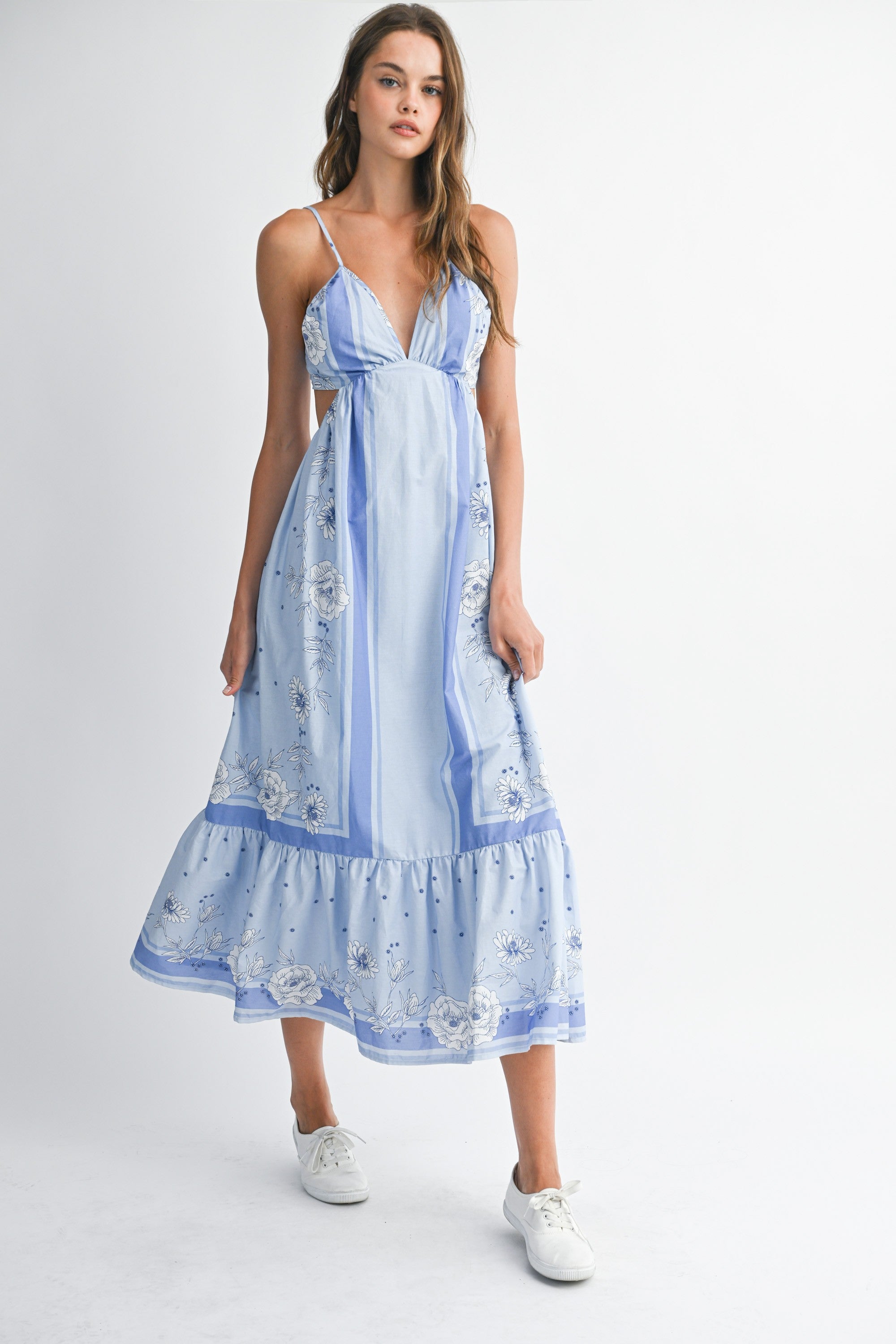 Mable Floral Contrast Border Print Cut Out Midi Dress