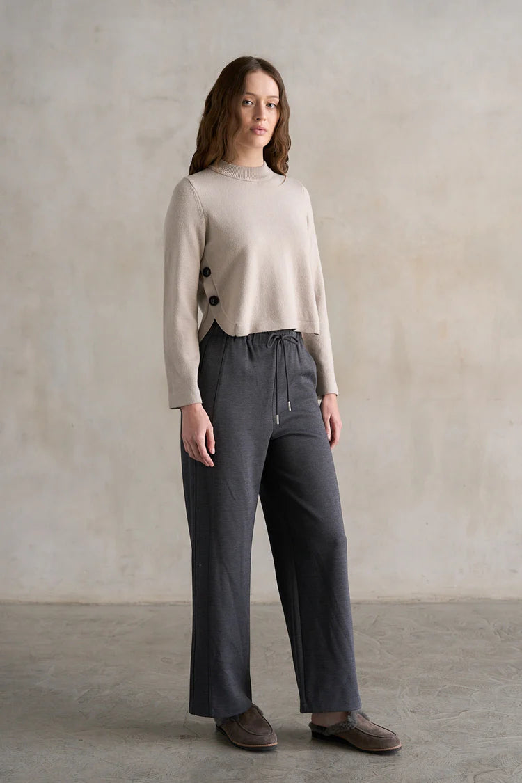 Elle Grey Side Button Up Detailed Crew Neck Sweater