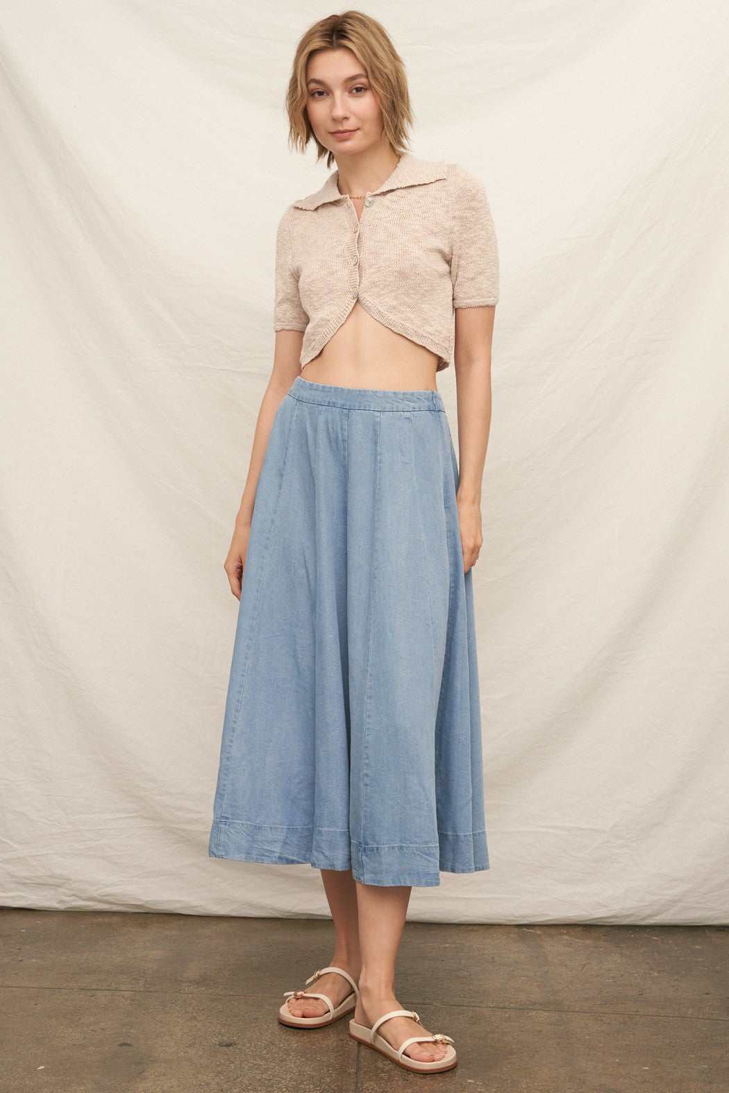 En Crème Denim A-line Midi Skirt