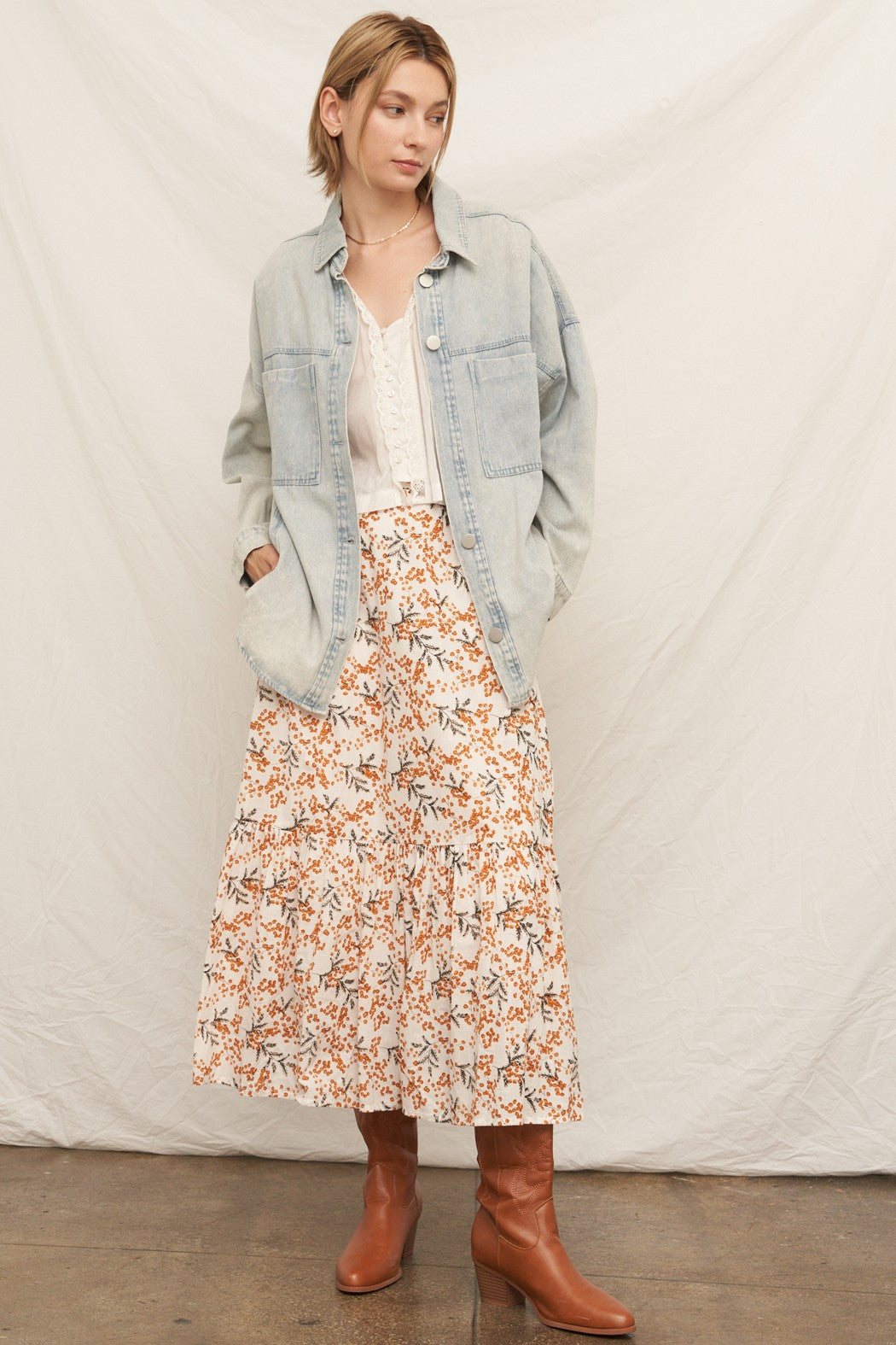 En Creme Floral Tiered Maxi Skirt